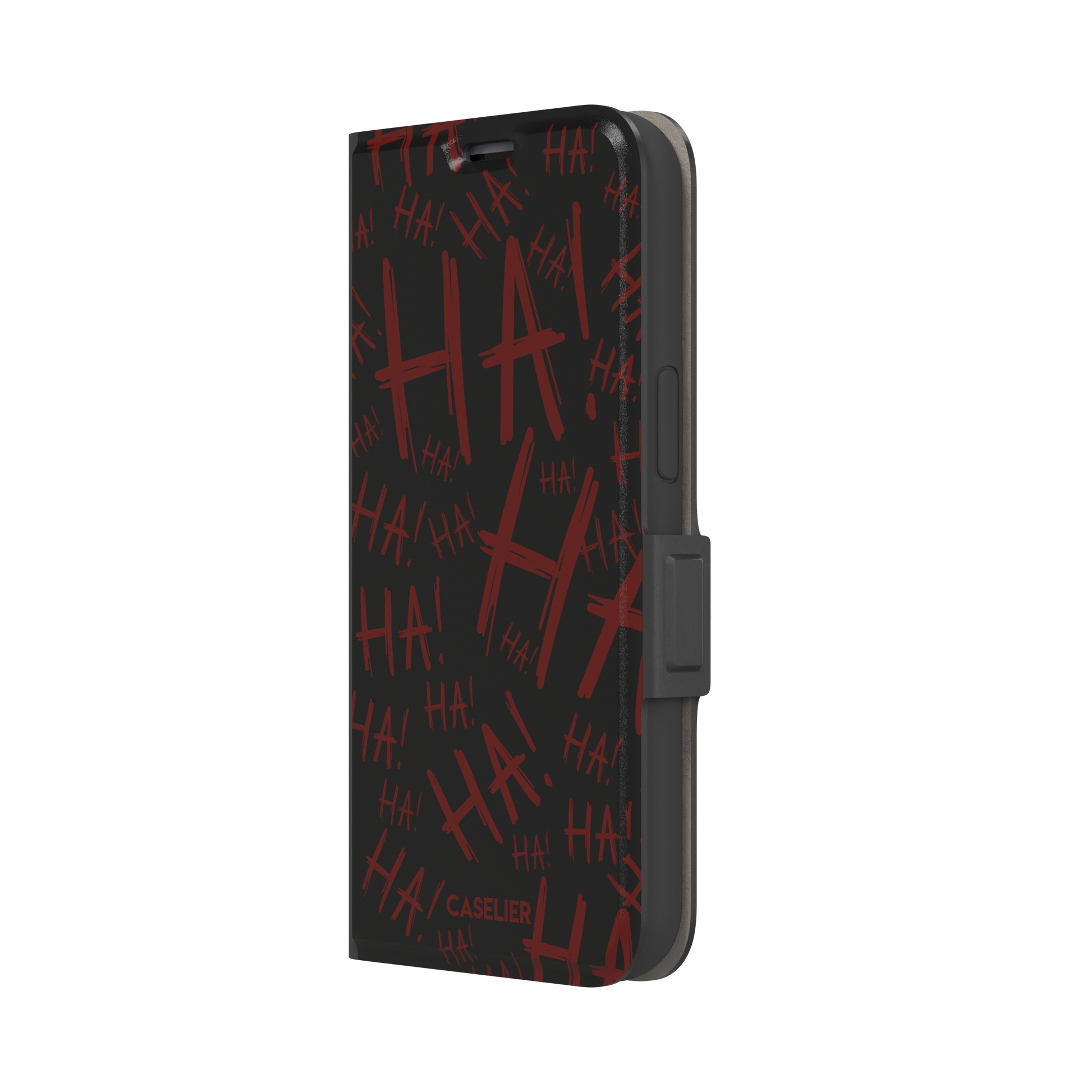 Black phone case covered in chaotic dark-red brushstroke HA! lettering in a horror villain style, phone case by Caselier — wallet case, right view