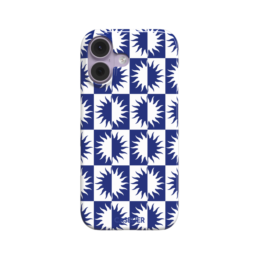 Half-Sun phone case in navy blue and white checkerboard pattern with repeating jagged sun motifs, phone case by Caselier — snap case, front view