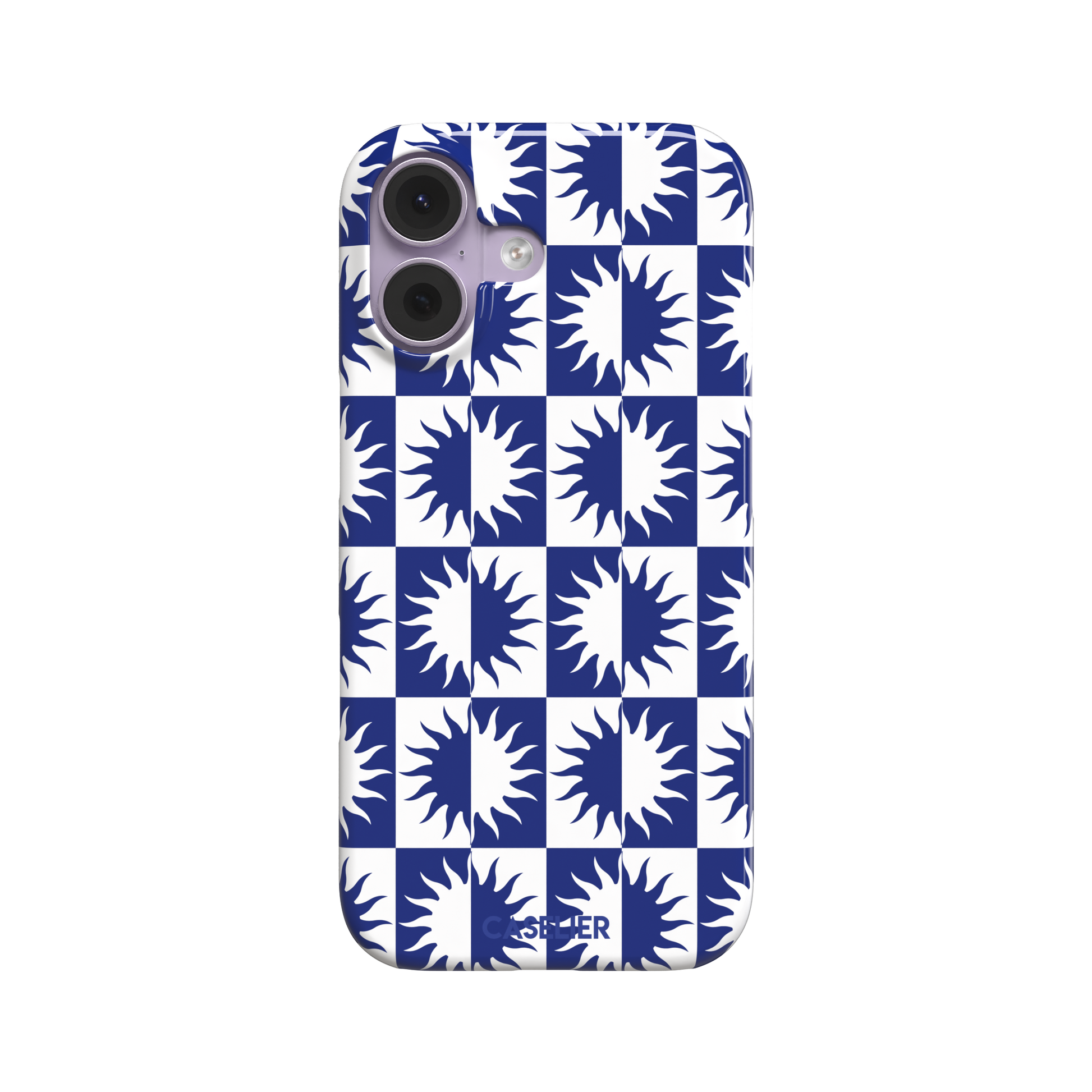 Half-Sun phone case in navy blue and white checkerboard pattern with repeating jagged sun motifs, phone case by Caselier — snap case, front view