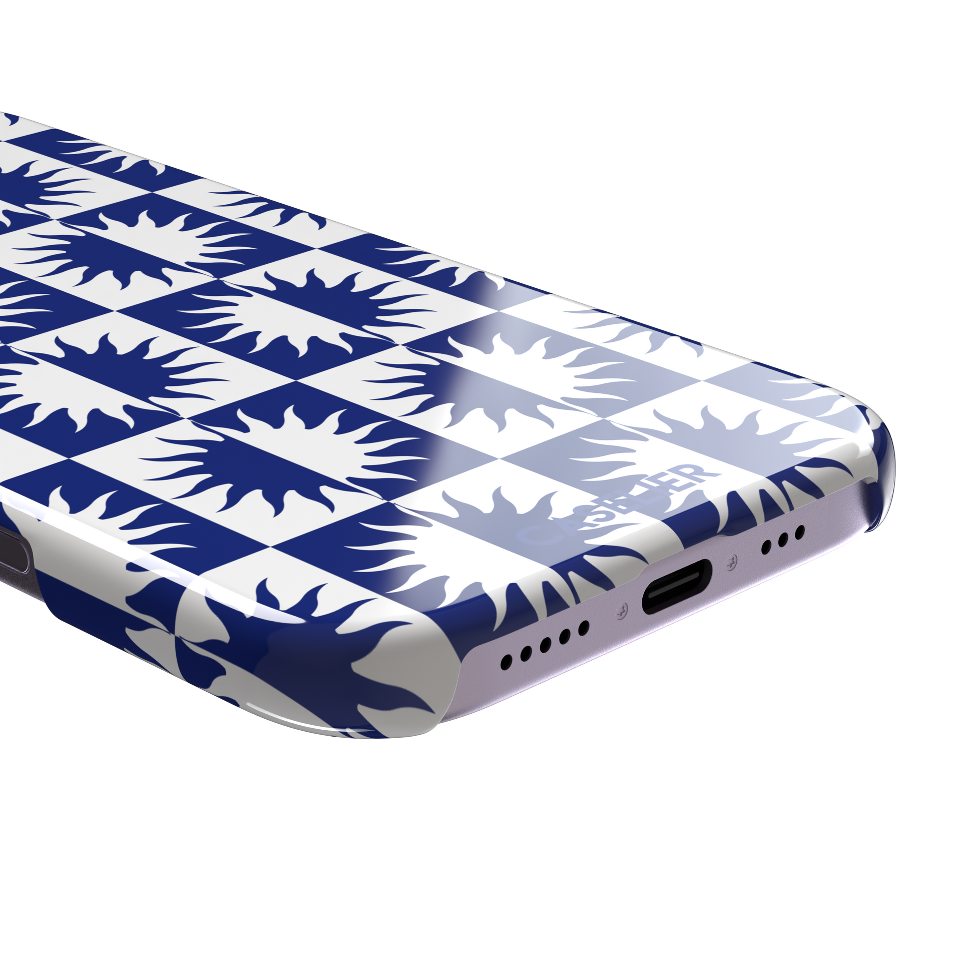 Half-Sun phone case in navy blue and white checkerboard pattern with repeating jagged sun motifs, phone case by Caselier — snap case, charging port detail