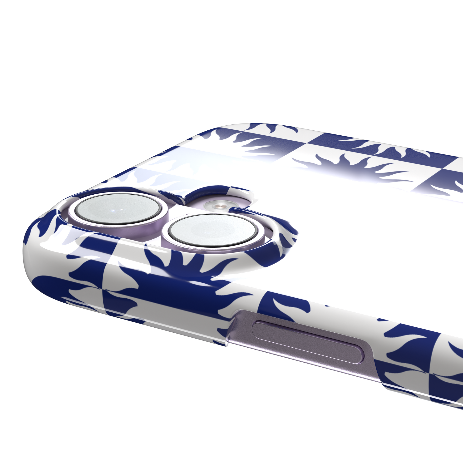 Half-Sun phone case in navy blue and white checkerboard pattern with repeating jagged sun motifs, phone case by Caselier — snap case, volume buttons detail