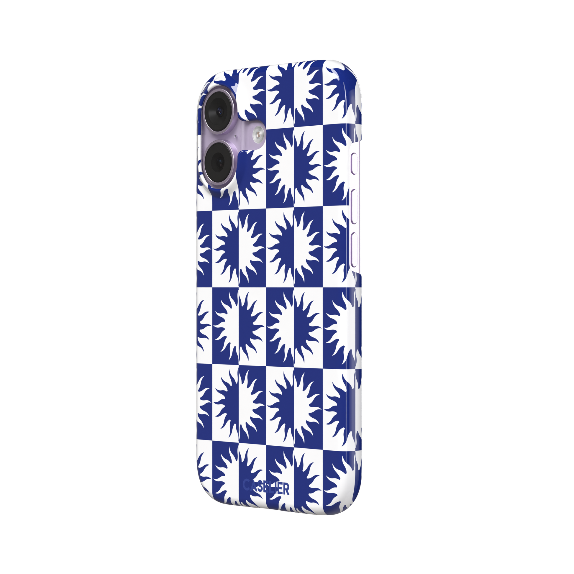 Half-Sun phone case in navy blue and white checkerboard pattern with repeating jagged sun motifs, phone case by Caselier — snap case, right view
