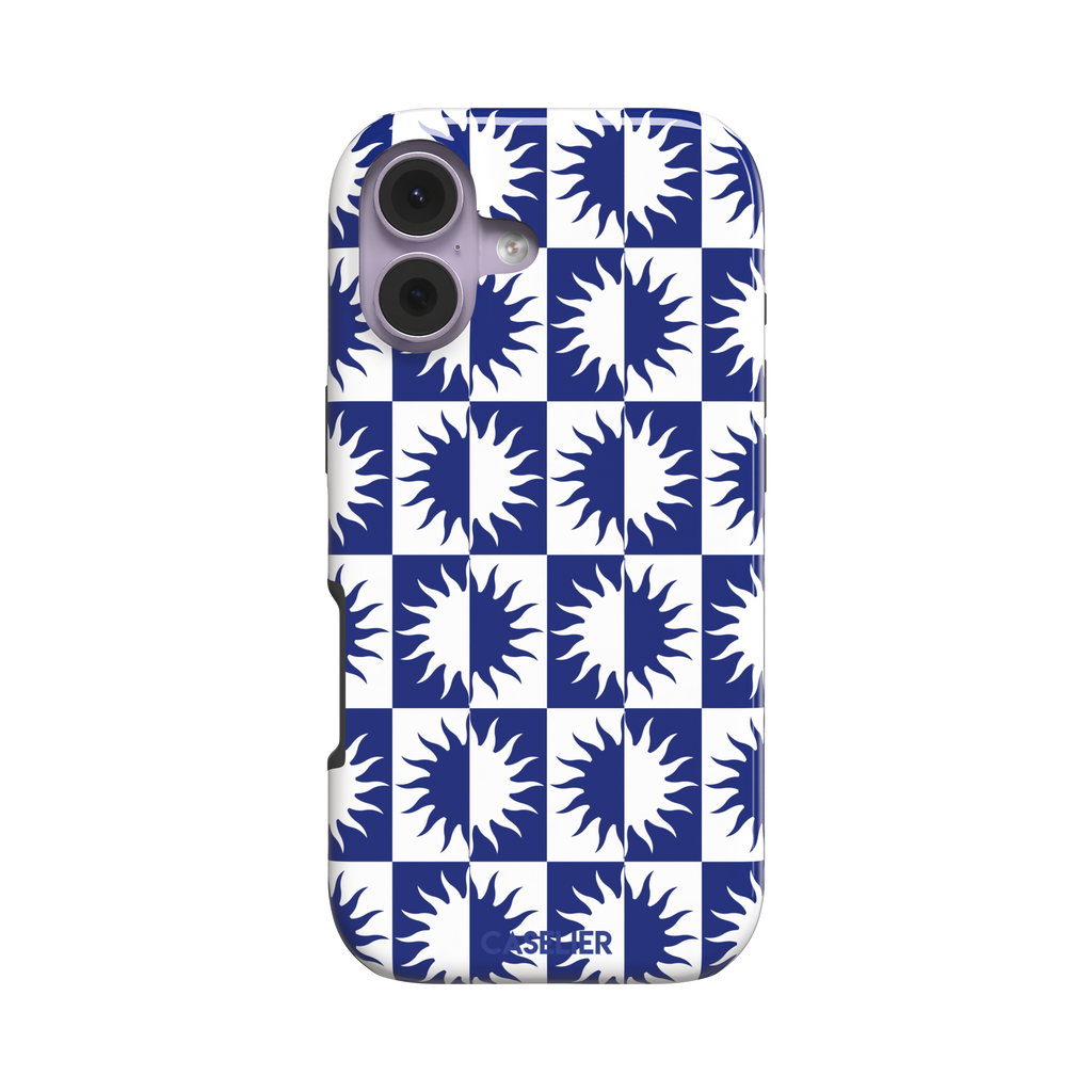 Half-Sun phone case in navy blue and white checkerboard pattern with repeating jagged sun motifs, phone case by Caselier — tough case, front view
