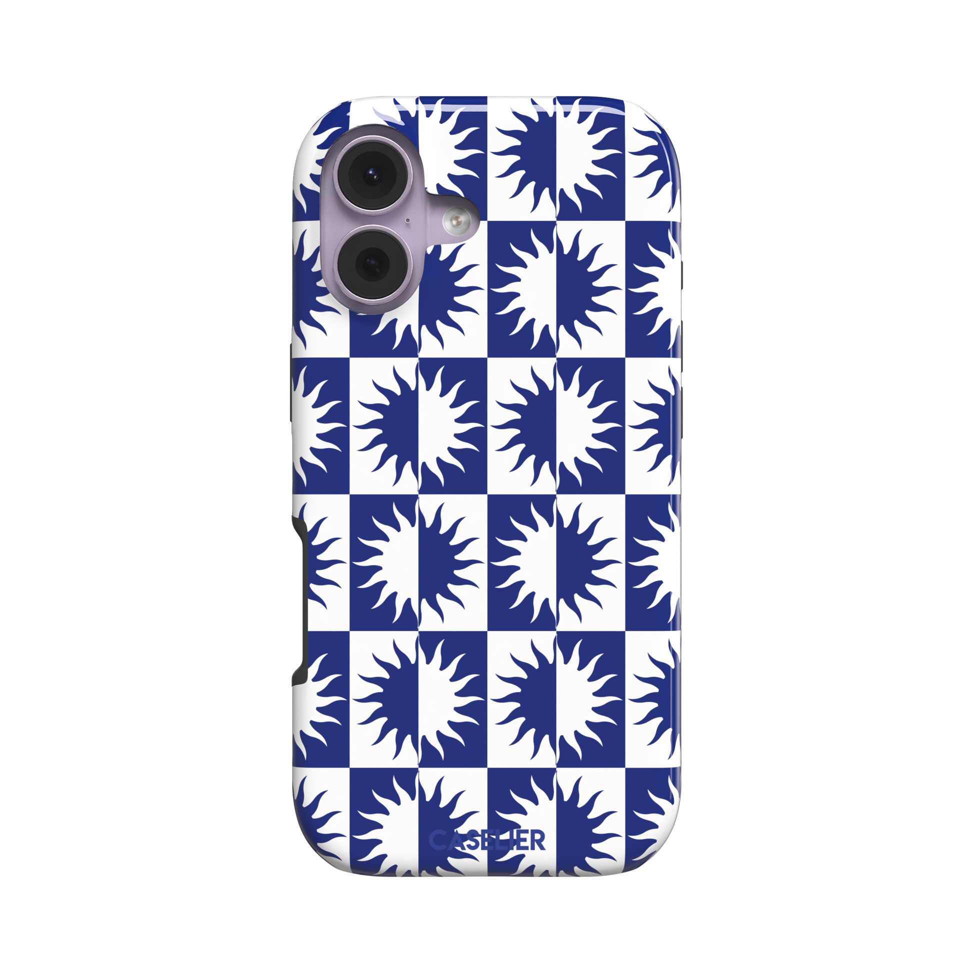 Half-Sun phone case in navy blue and white checkerboard pattern with repeating jagged sun motifs, phone case by Caselier — tough case, front view