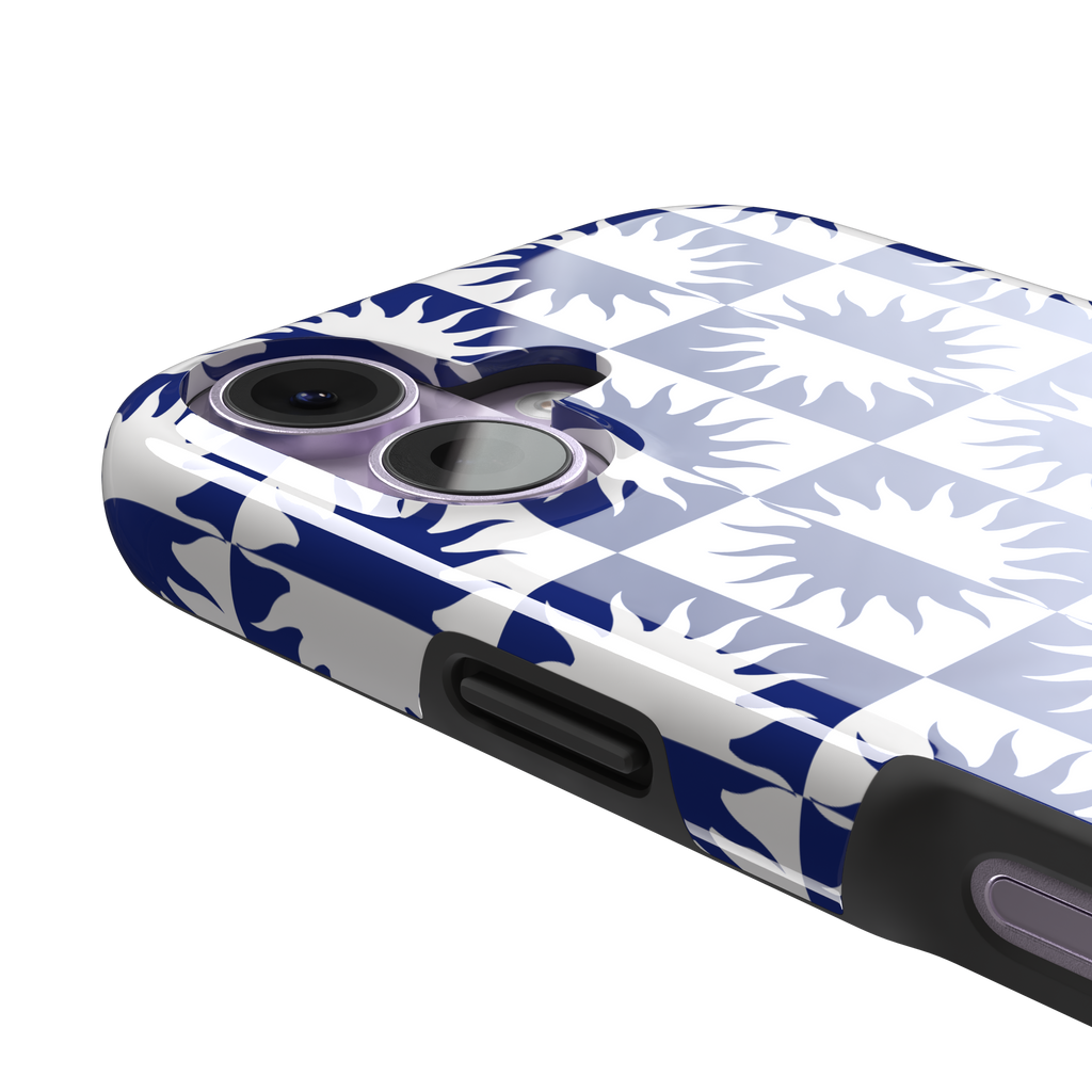 Half-Sun phone case in navy blue and white checkerboard pattern with repeating jagged sun motifs, phone case by Caselier — tough case, volume buttons detail