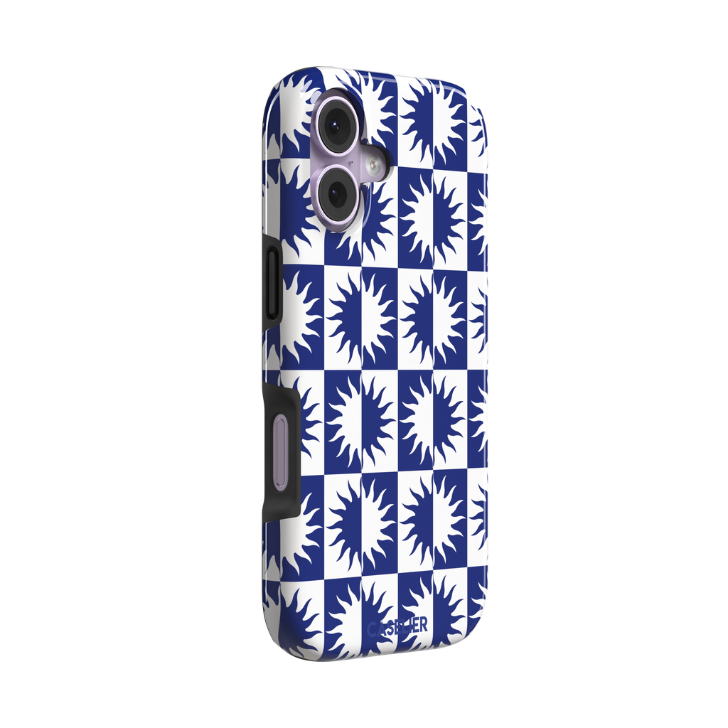Half-Sun phone case in navy blue and white checkerboard pattern with repeating jagged sun motifs, phone case by Caselier — tough case, left view
