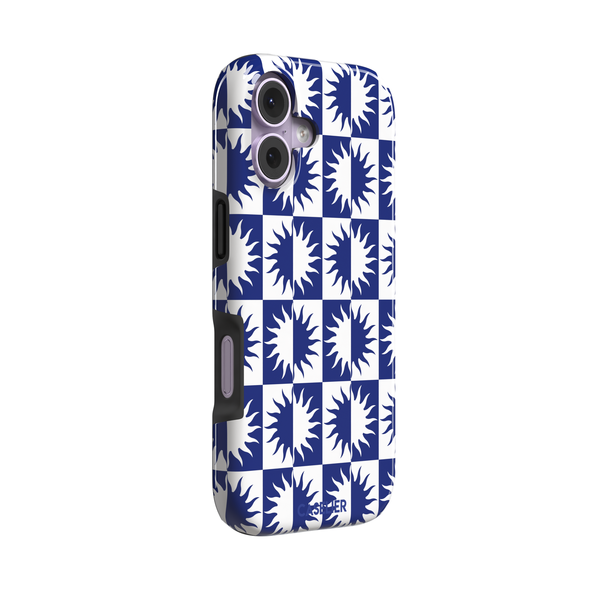 Half-Sun phone case in navy blue and white checkerboard pattern with repeating jagged sun motifs, phone case by Caselier — tough case, left view