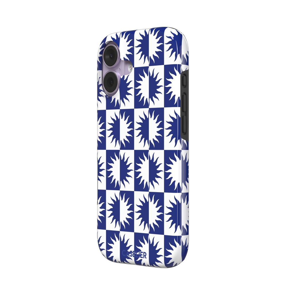 Half-Sun phone case in navy blue and white checkerboard pattern with repeating jagged sun motifs, phone case by Caselier — tough case, right view