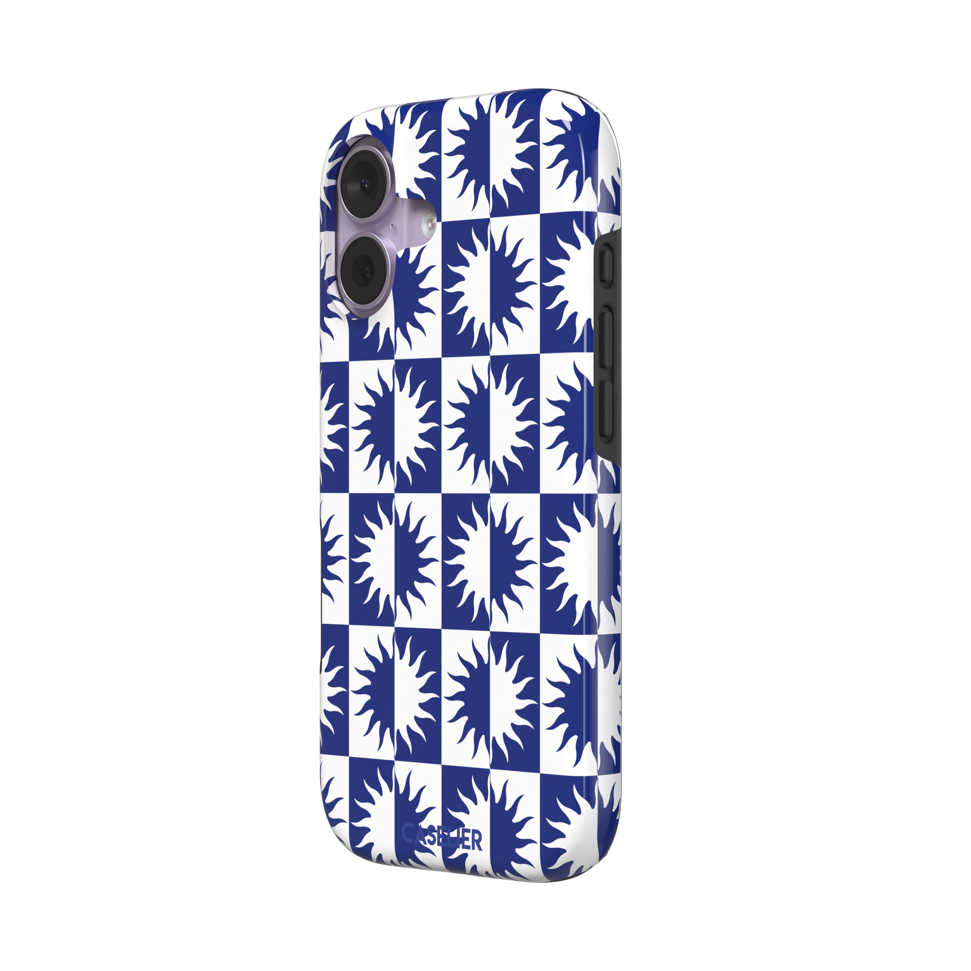 Half-Sun phone case in navy blue and white checkerboard pattern with repeating jagged sun motifs, phone case by Caselier — tough case, right view