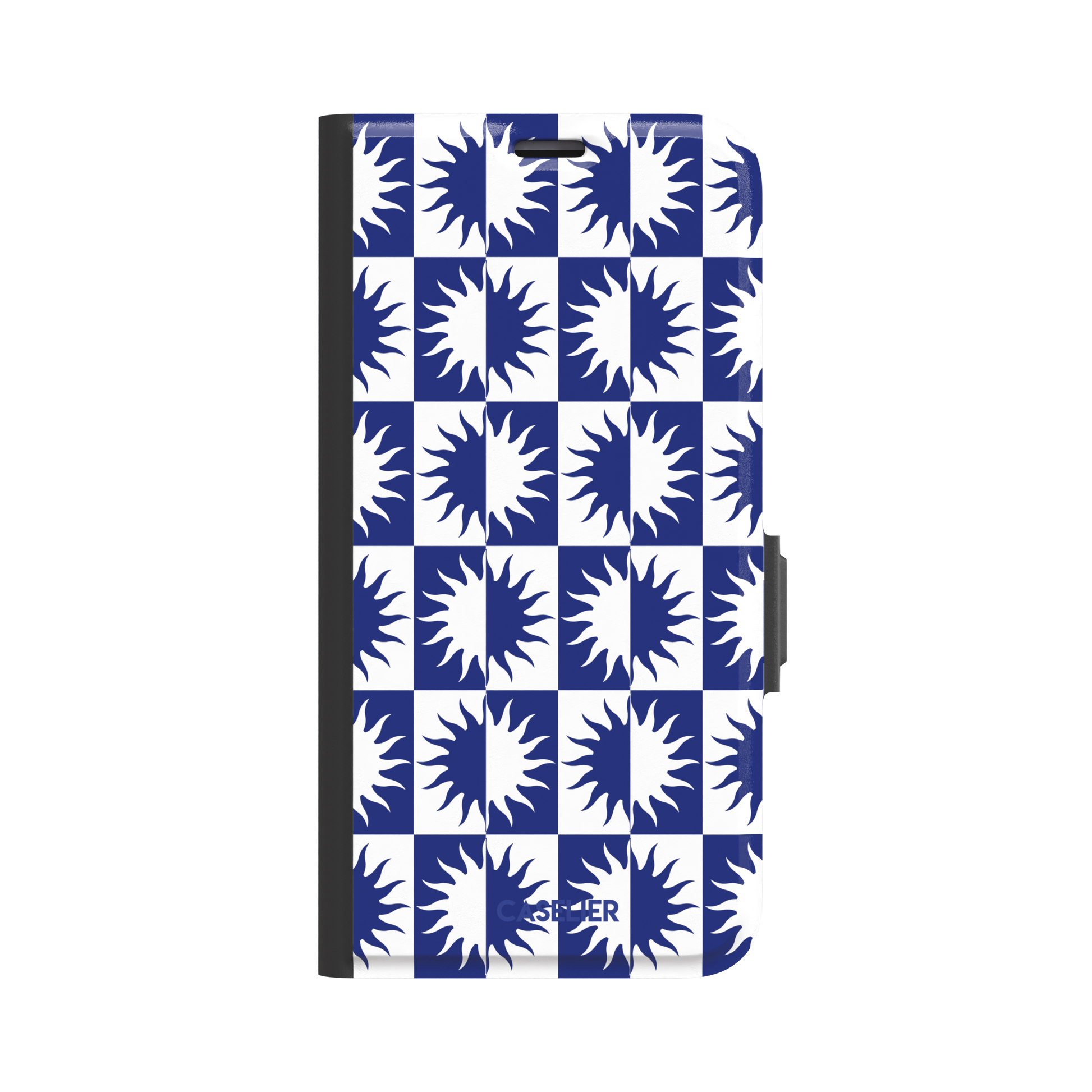 Half-Sun phone case in navy blue and white checkerboard pattern with repeating jagged sun motifs, phone case by Caselier — wallet case, front view
