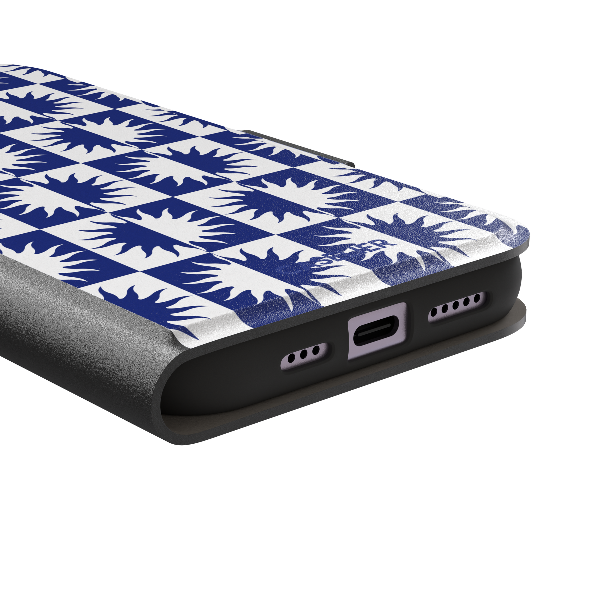 Half-Sun phone case in navy blue and white checkerboard pattern with repeating jagged sun motifs, phone case by Caselier — wallet case, charging port detail