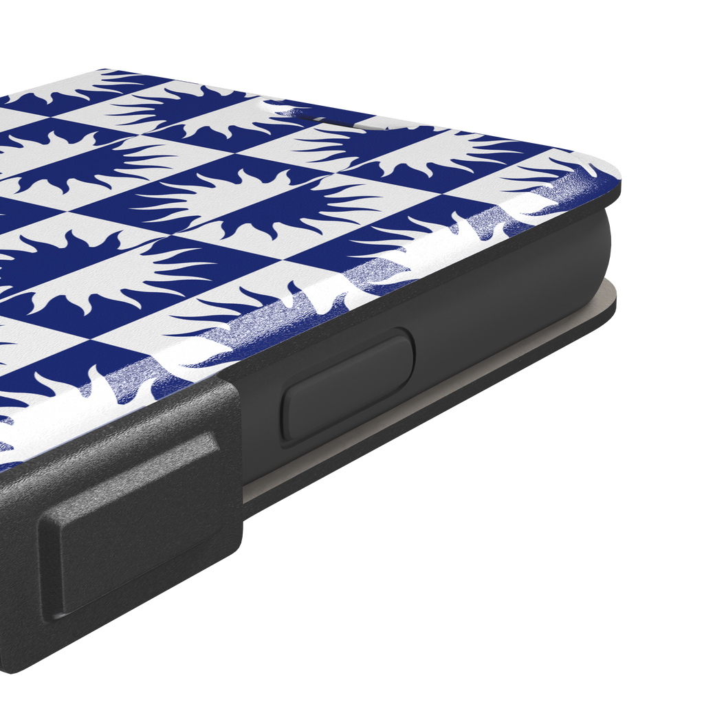 Half-Sun phone case in navy blue and white checkerboard pattern with repeating jagged sun motifs, phone case by Caselier — wallet case, volume buttons detail
