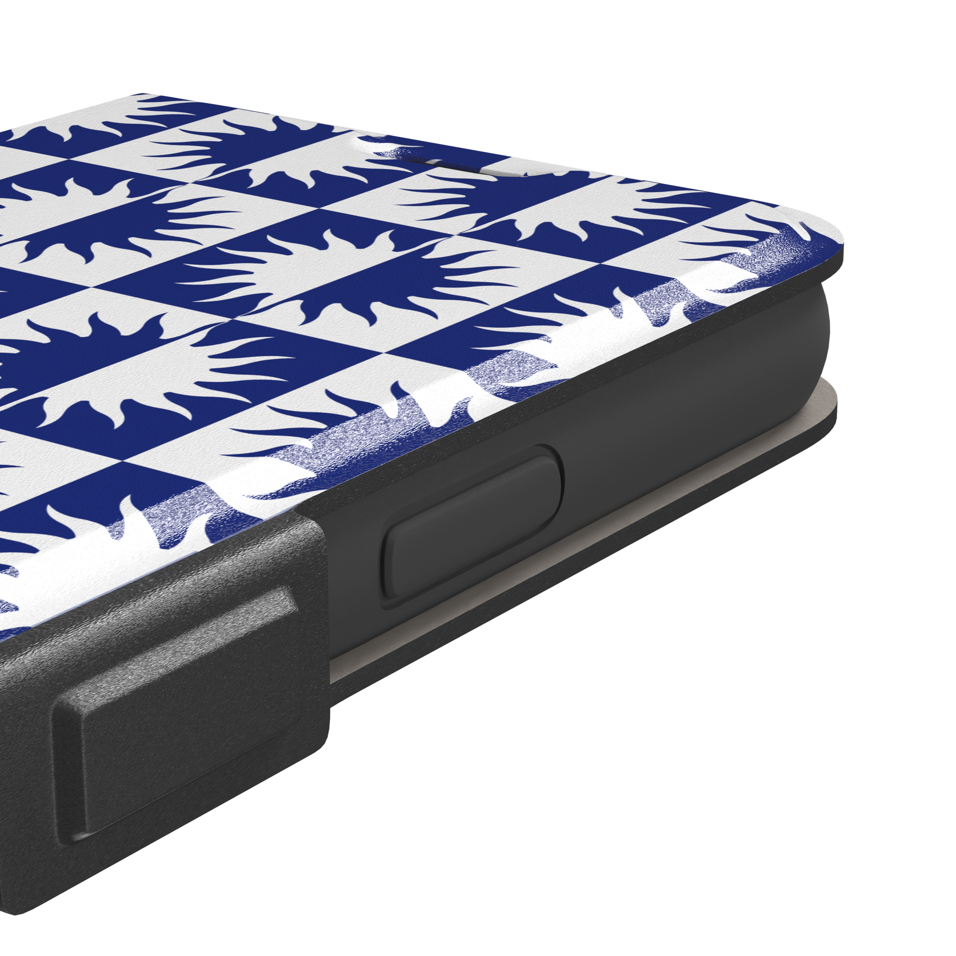 Half-Sun phone case in navy blue and white checkerboard pattern with repeating jagged sun motifs, phone case by Caselier — wallet case, volume buttons detail