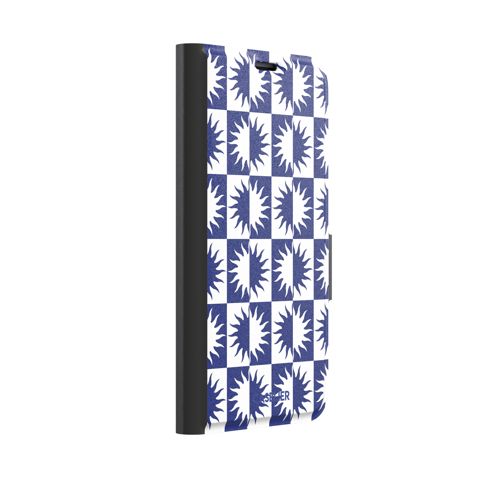 Half-Sun phone case in navy blue and white checkerboard pattern with repeating jagged sun motifs, phone case by Caselier — wallet case, left view