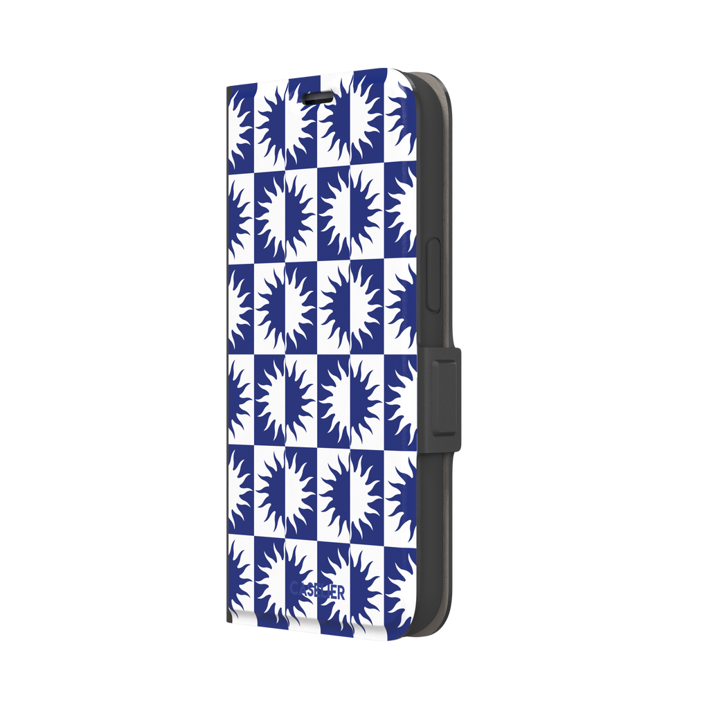 Half-Sun phone case in navy blue and white checkerboard pattern with repeating jagged sun motifs, phone case by Caselier — wallet case, right view