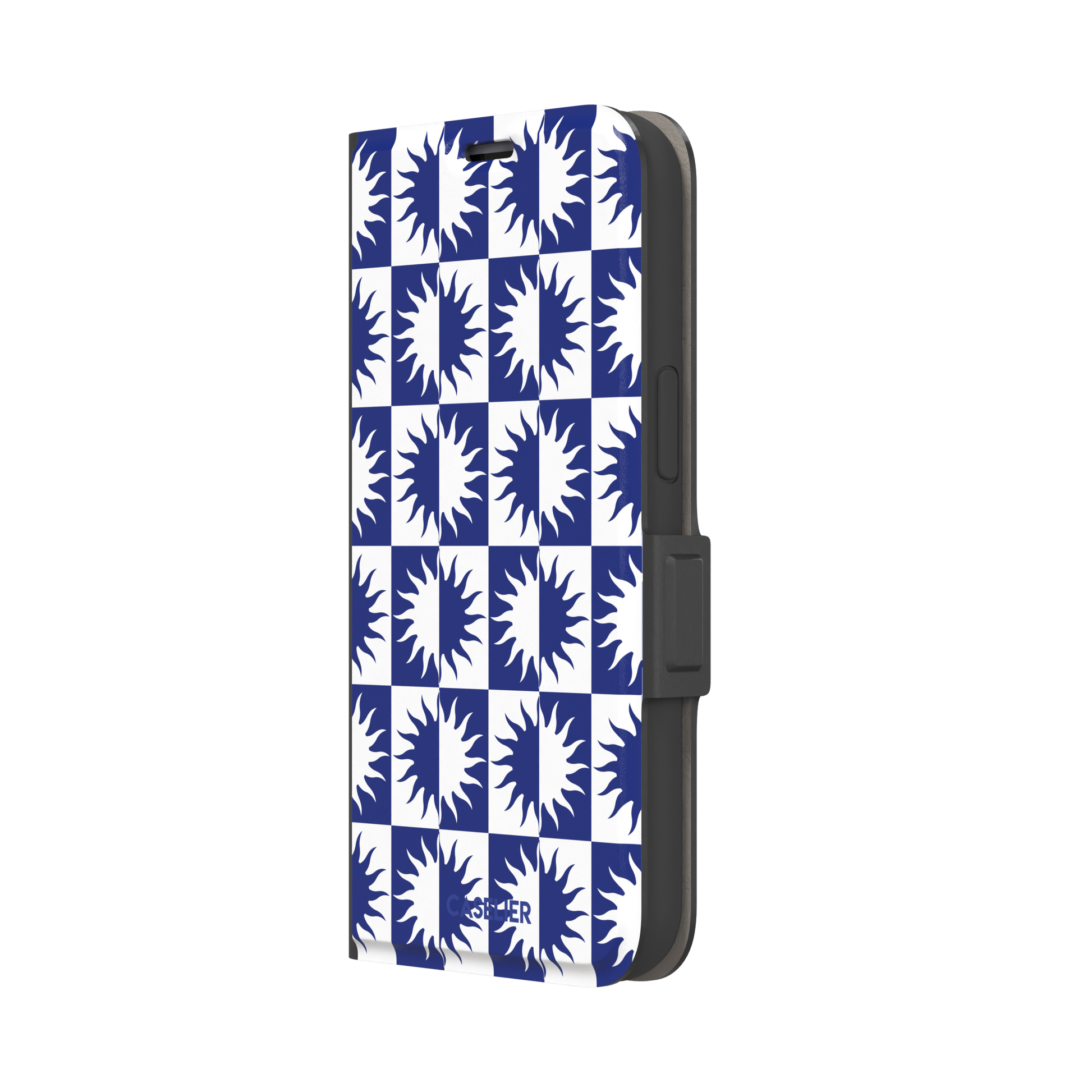 Half-Sun phone case in navy blue and white checkerboard pattern with repeating jagged sun motifs, phone case by Caselier — wallet case, right view