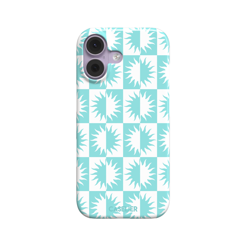 Half-Sun phone case in mint turquoise and white checkerboard pattern with repeating jagged sun motifs, phone case by Caselier — snap case, front view