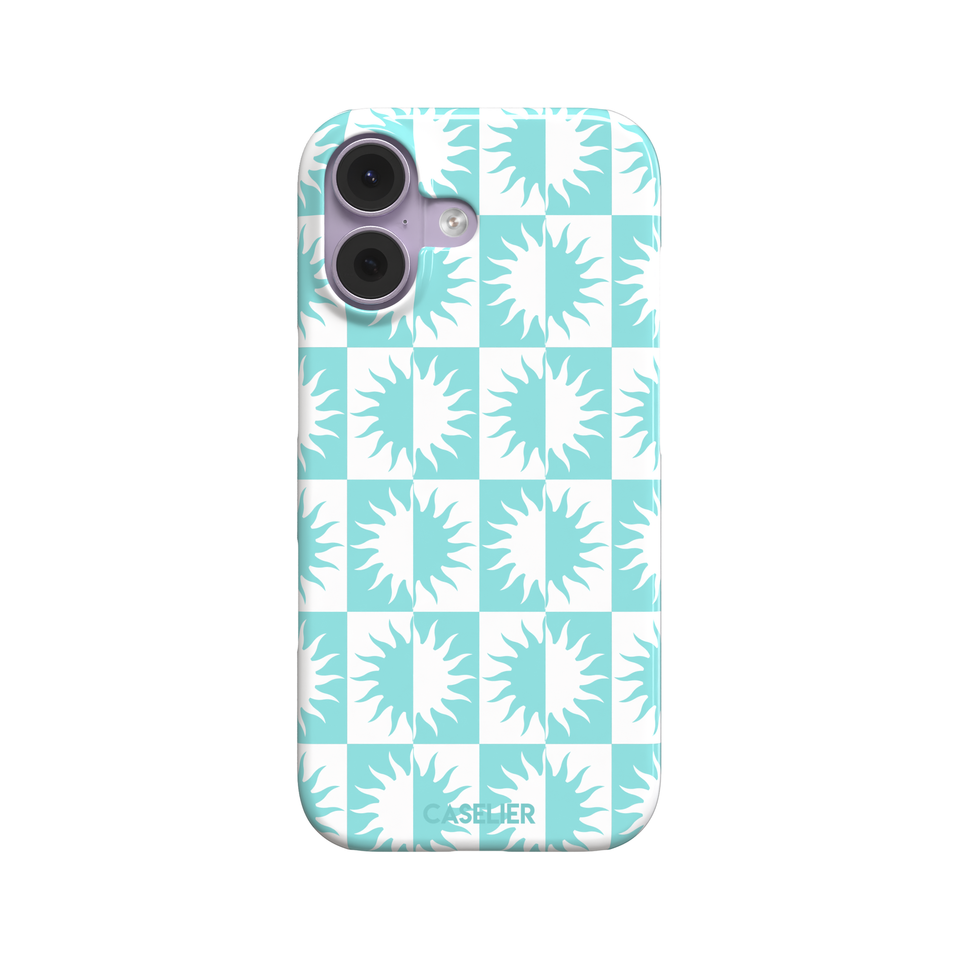 Half-Sun phone case in mint turquoise and white checkerboard pattern with repeating jagged sun motifs, phone case by Caselier — snap case, front view