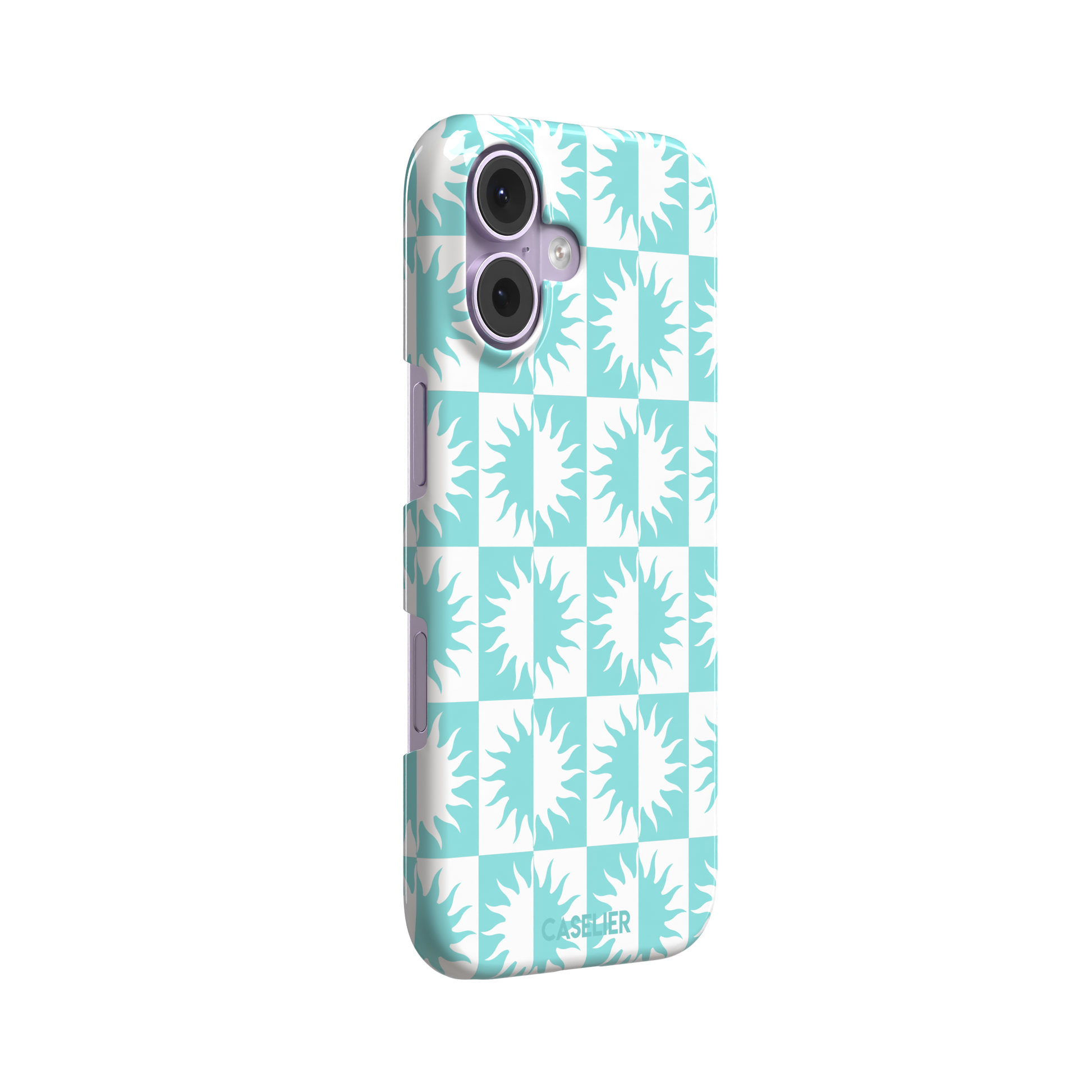 Half-Sun phone case in mint turquoise and white checkerboard pattern with repeating jagged sun motifs, phone case by Caselier — snap case, left view