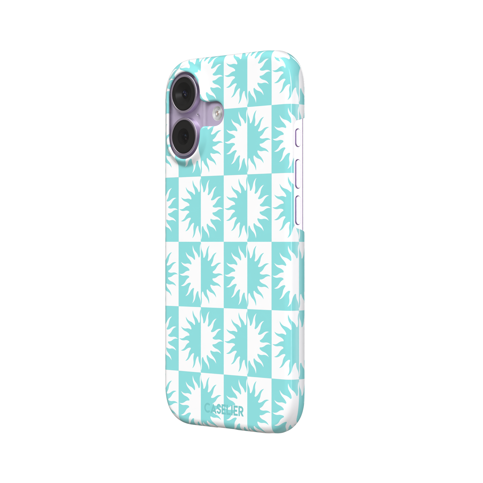 Half-Sun phone case in mint turquoise and white checkerboard pattern with repeating jagged sun motifs, phone case by Caselier — snap case, right view