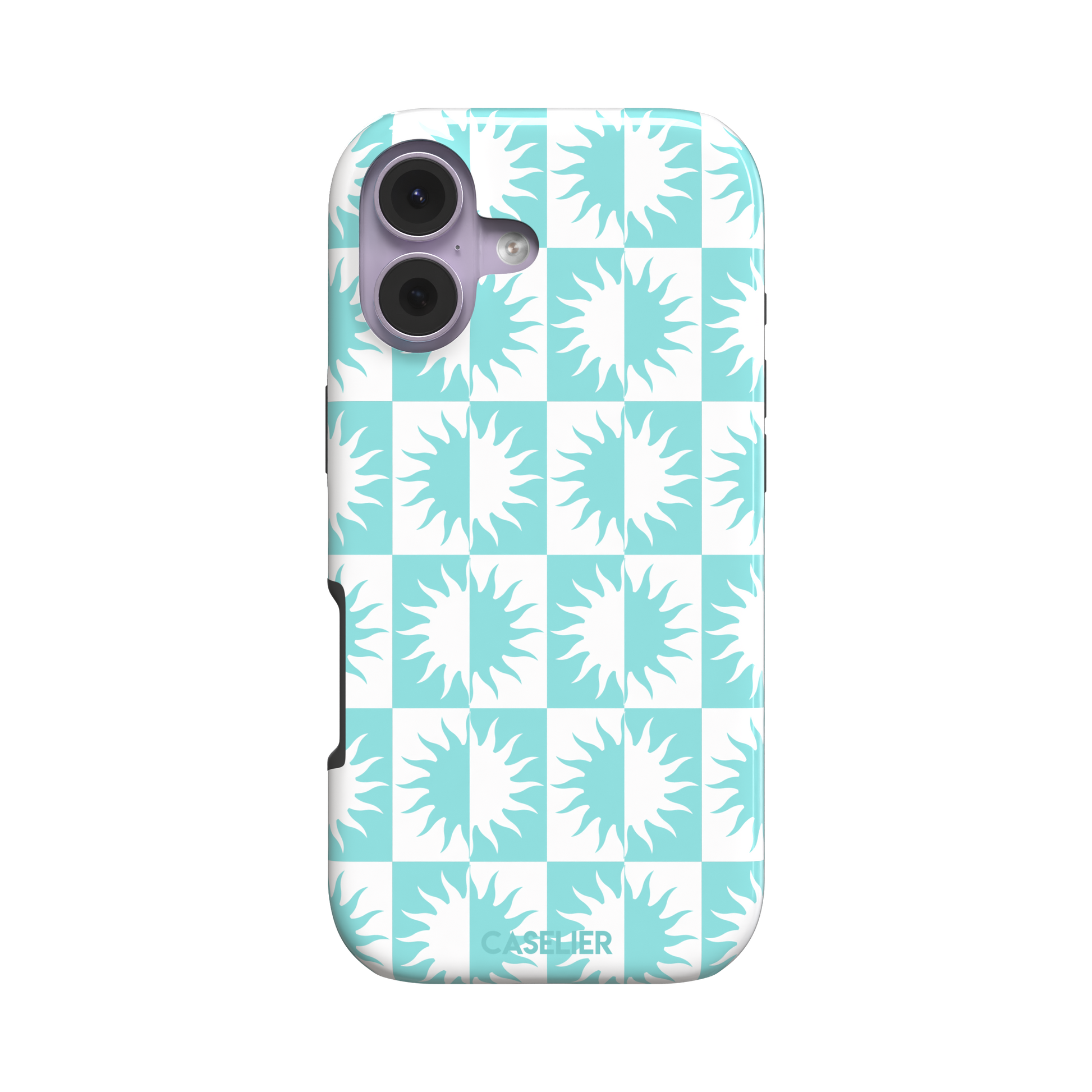 Half-Sun phone case in mint turquoise and white checkerboard pattern with repeating jagged sun motifs, phone case by Caselier — tough case, front view