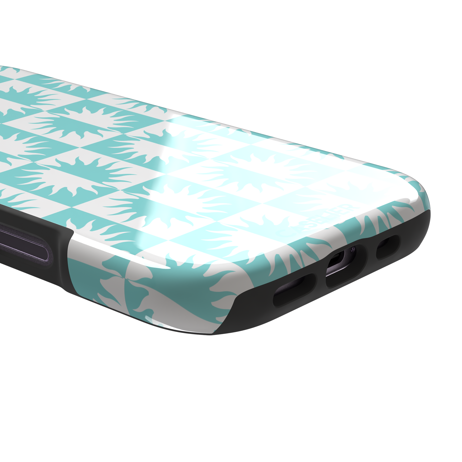 Half-Sun phone case in mint turquoise and white checkerboard pattern with repeating jagged sun motifs, phone case by Caselier — tough case, charging port detail