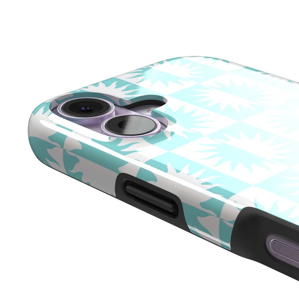 Half-Sun phone case in mint turquoise and white checkerboard pattern with repeating jagged sun motifs, phone case by Caselier — tough case, volume buttons detail