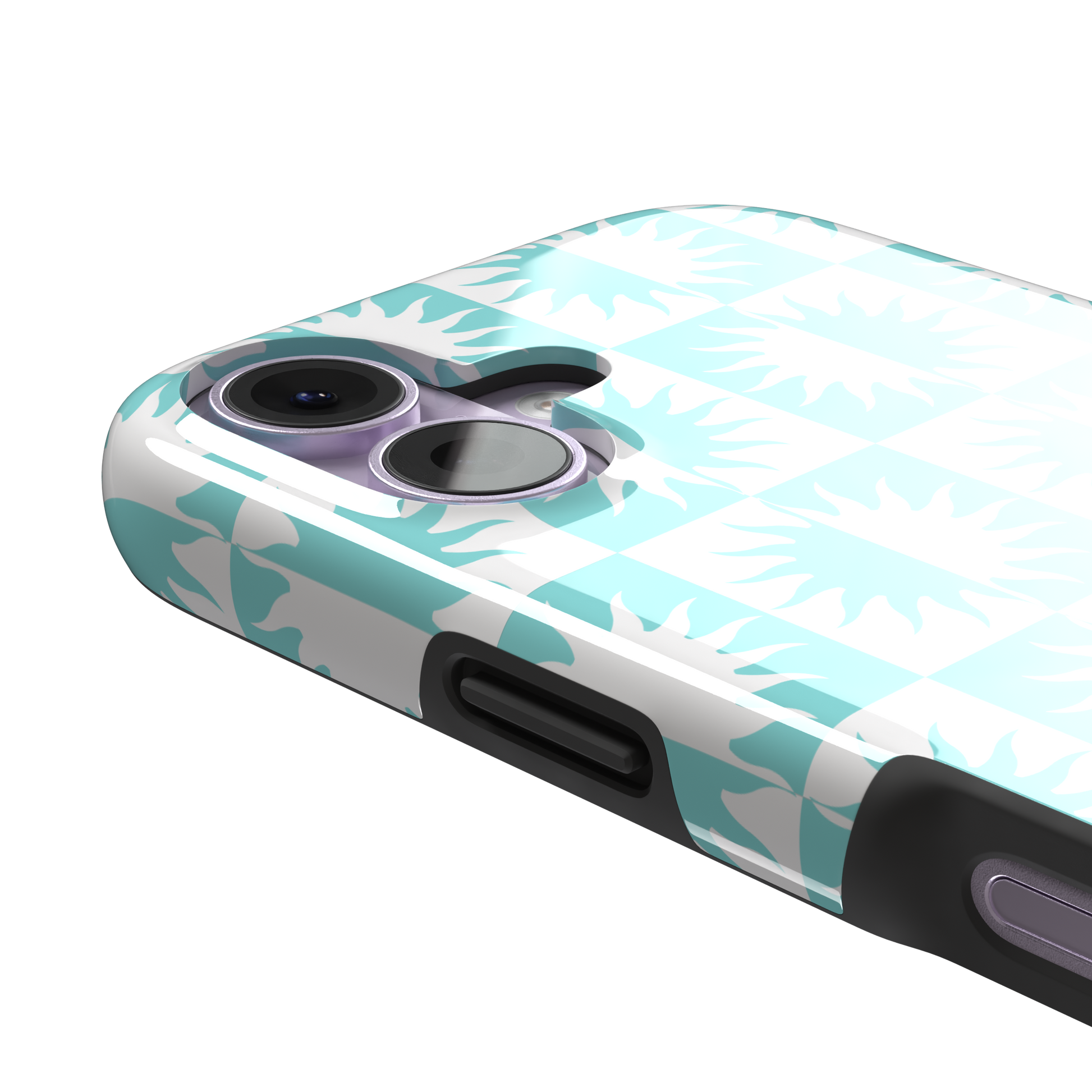 Half-Sun phone case in mint turquoise and white checkerboard pattern with repeating jagged sun motifs, phone case by Caselier — tough case, volume buttons detail
