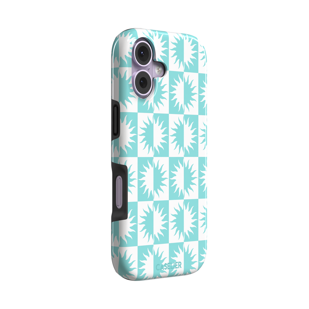 Half-Sun phone case in mint turquoise and white checkerboard pattern with repeating jagged sun motifs, phone case by Caselier — tough case, left view