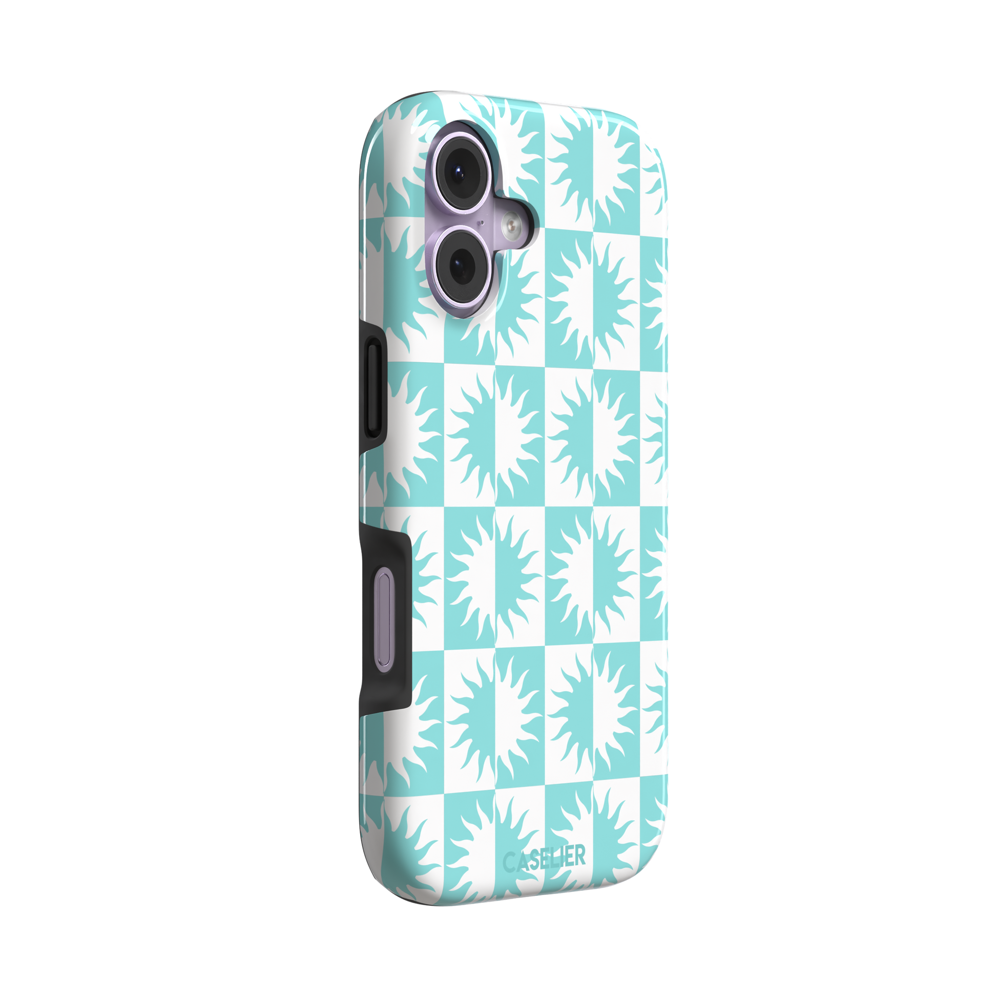 Half-Sun phone case in mint turquoise and white checkerboard pattern with repeating jagged sun motifs, phone case by Caselier — tough case, left view