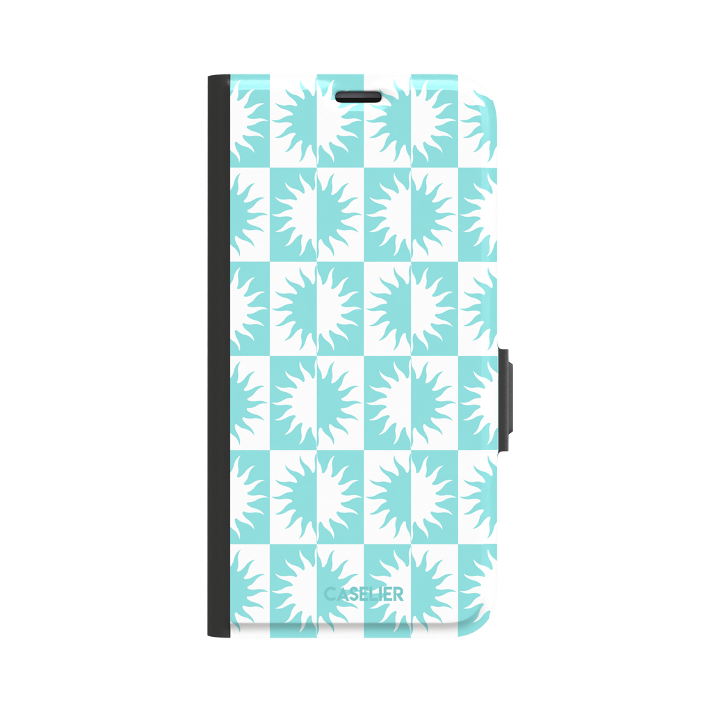 Half-Sun phone case in mint turquoise and white checkerboard pattern with repeating jagged sun motifs, phone case by Caselier — wallet case, front view
