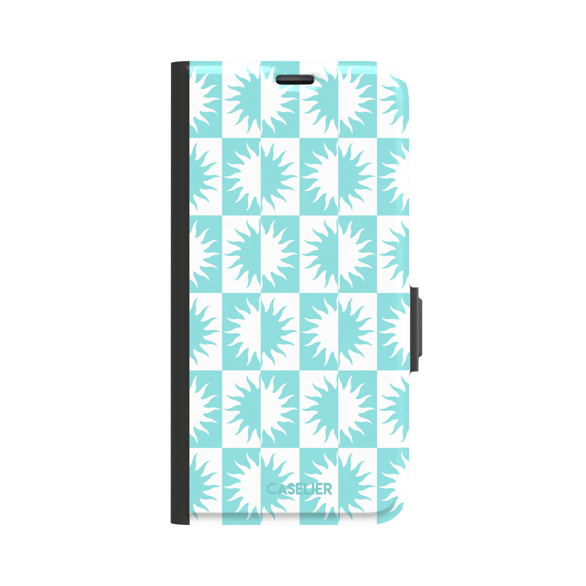 Half-Sun phone case in mint turquoise and white checkerboard pattern with repeating jagged sun motifs, phone case by Caselier — wallet case, front view