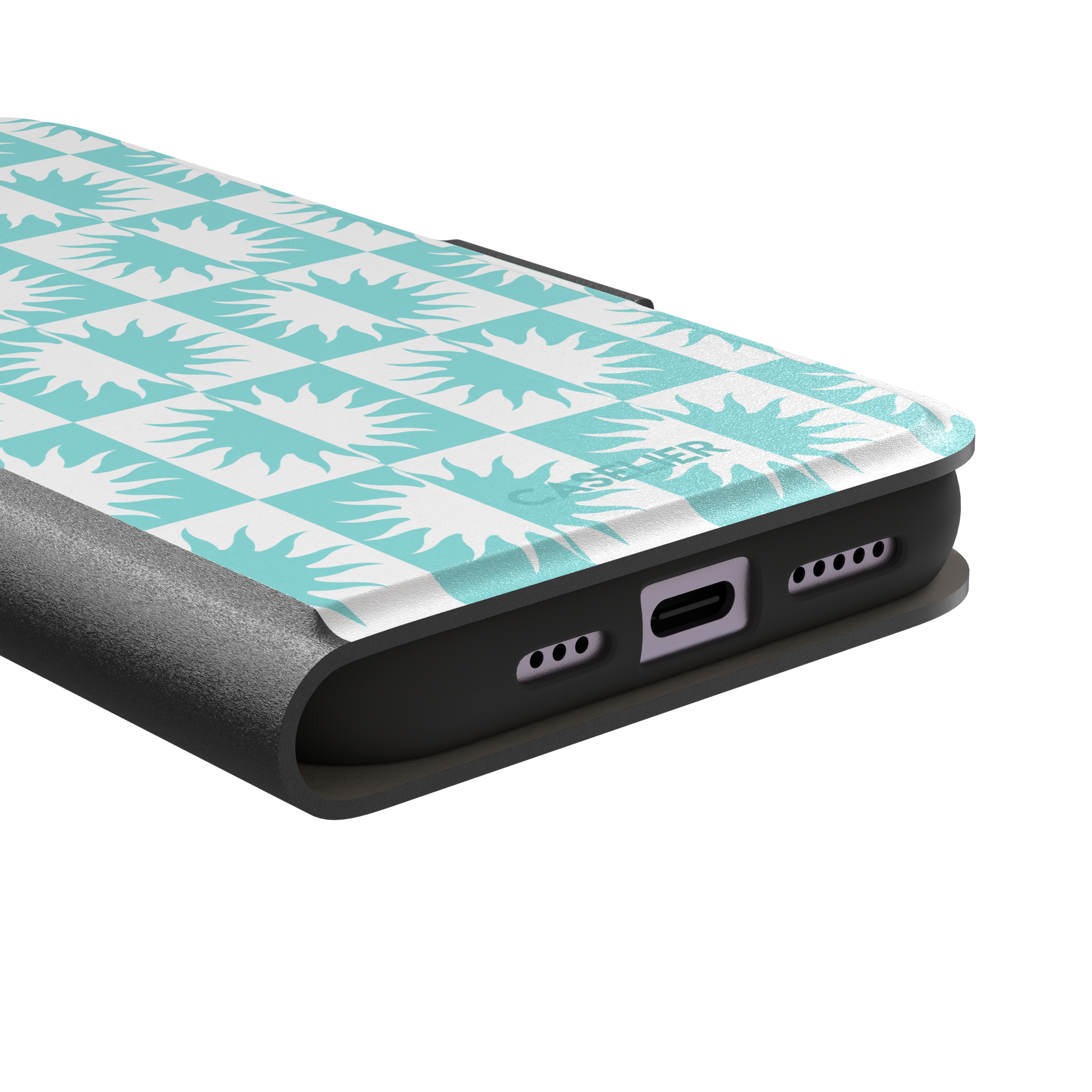 Half-Sun phone case in mint turquoise and white checkerboard pattern with repeating jagged sun motifs, phone case by Caselier — wallet case, charging port detail