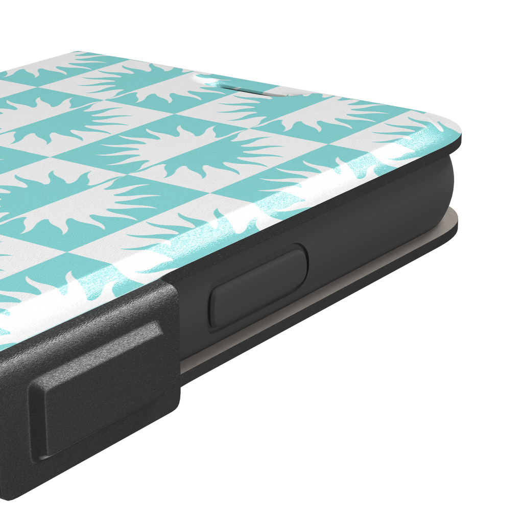Half-Sun phone case in mint turquoise and white checkerboard pattern with repeating jagged sun motifs, phone case by Caselier — wallet case, volume buttons detail