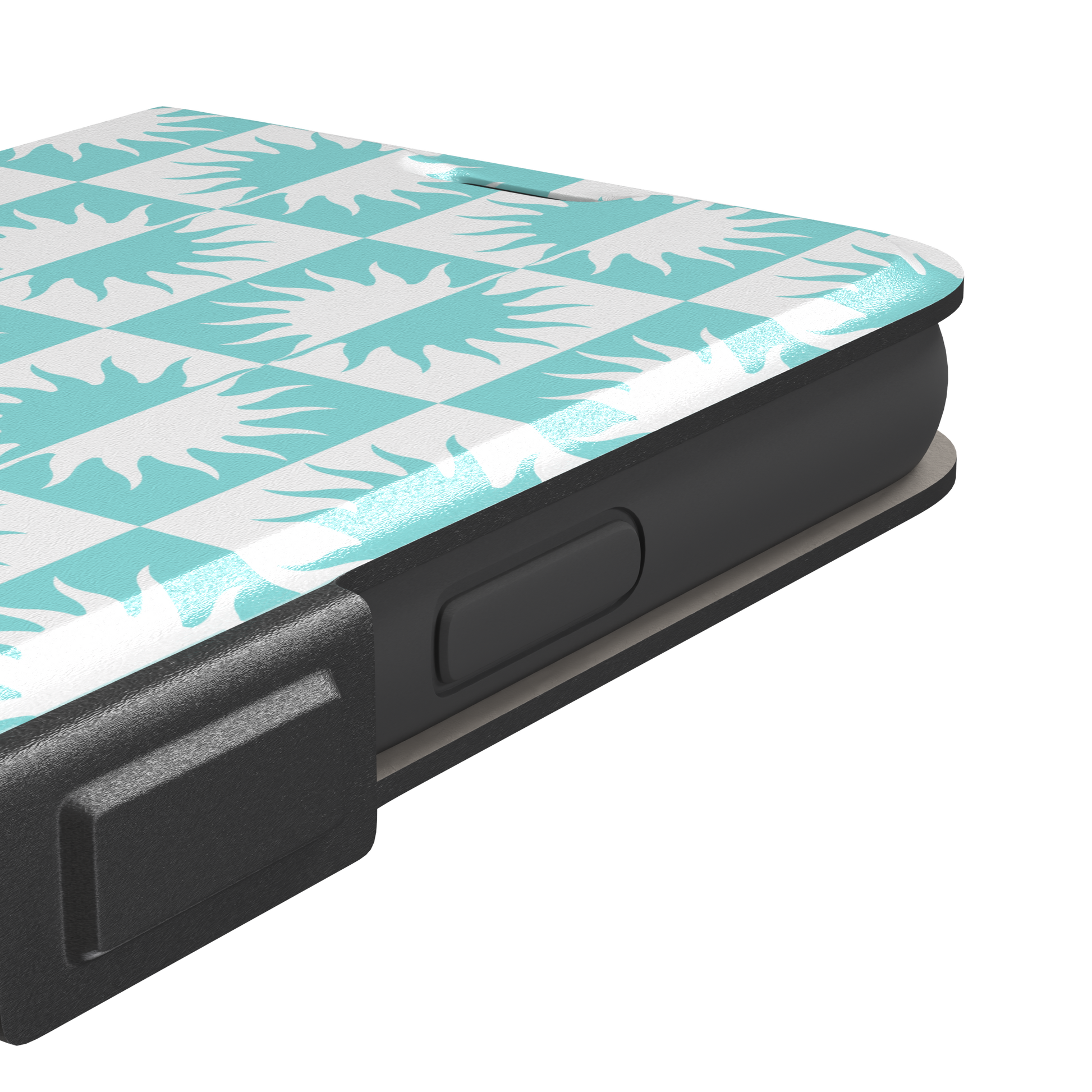 Half-Sun phone case in mint turquoise and white checkerboard pattern with repeating jagged sun motifs, phone case by Caselier — wallet case, volume buttons detail