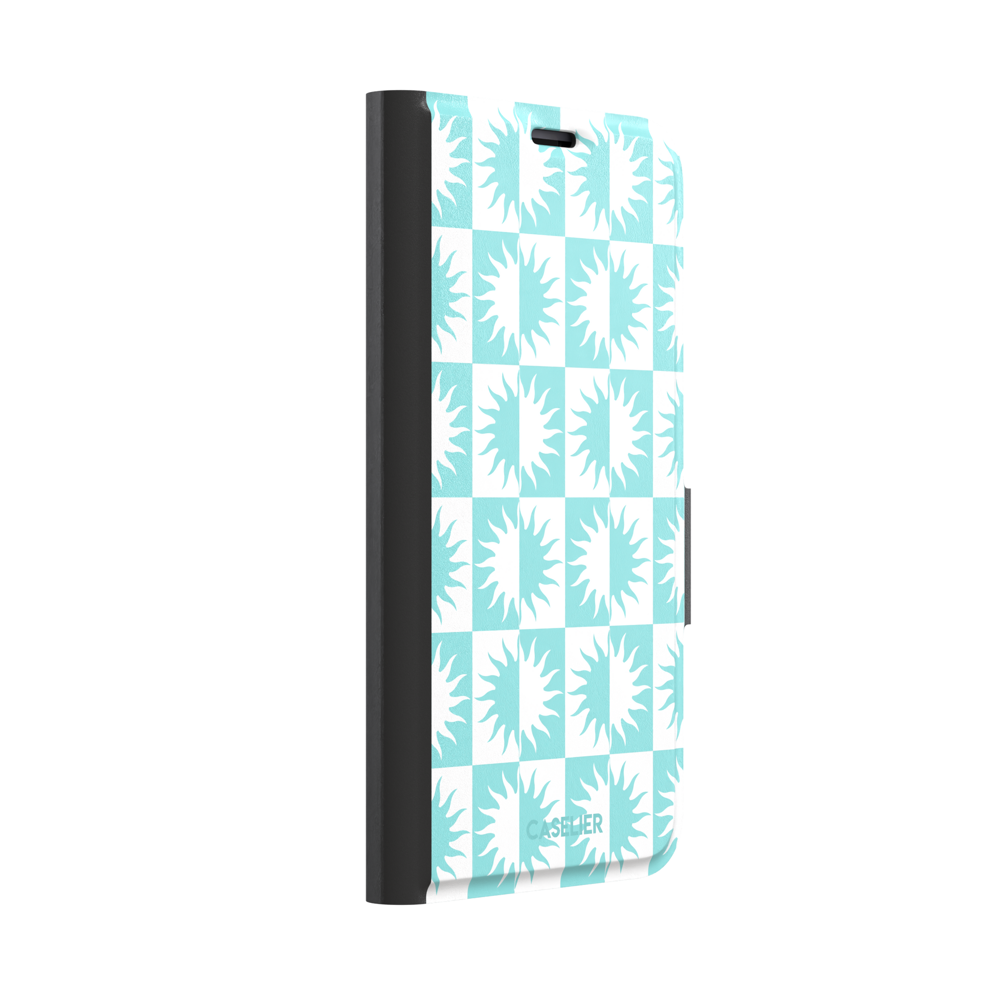 Half-Sun phone case in mint turquoise and white checkerboard pattern with repeating jagged sun motifs, phone case by Caselier — wallet case, left view
