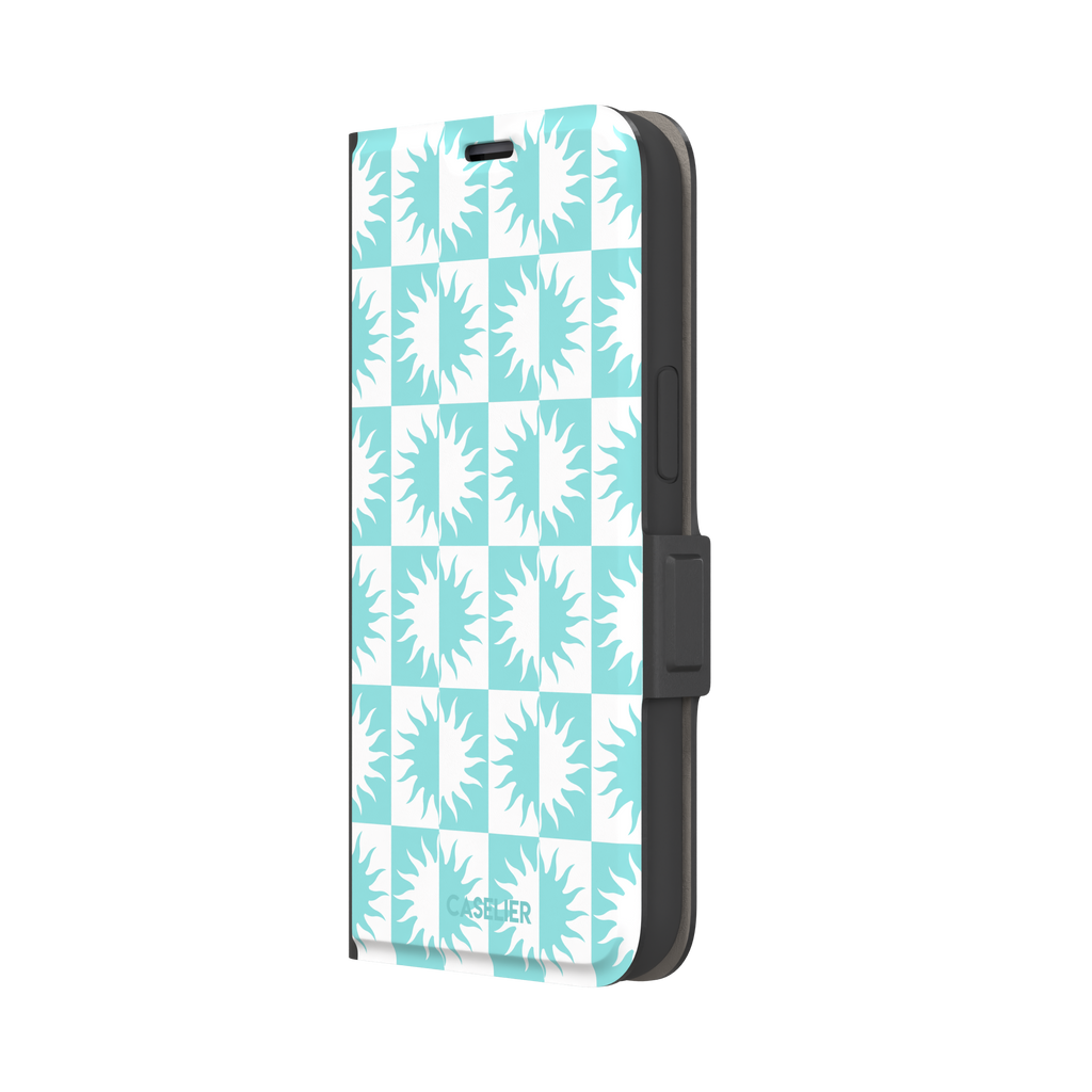 Half-Sun phone case in mint turquoise and white checkerboard pattern with repeating jagged sun motifs, phone case by Caselier — wallet case, right view