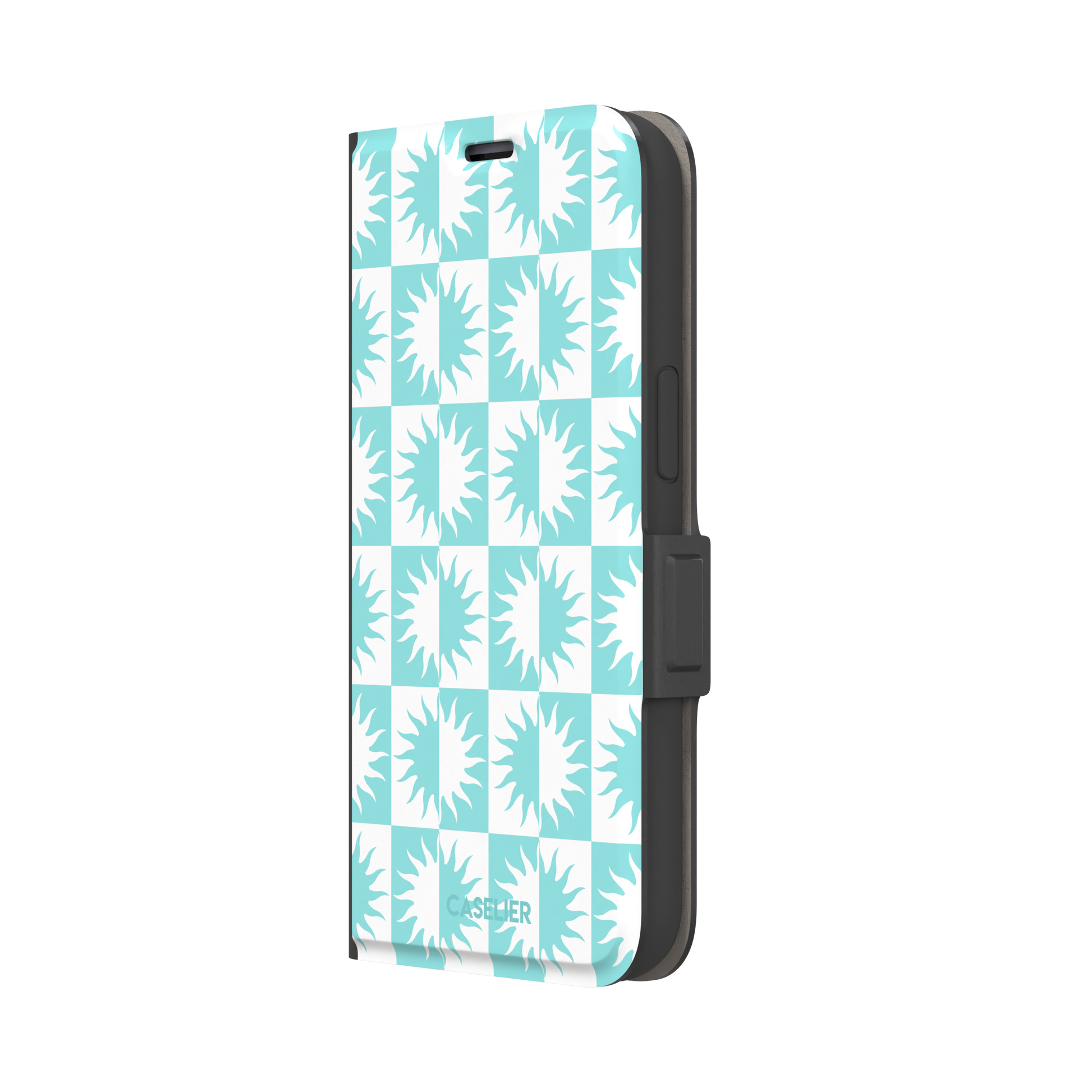 Half-Sun phone case in mint turquoise and white checkerboard pattern with repeating jagged sun motifs, phone case by Caselier — wallet case, right view