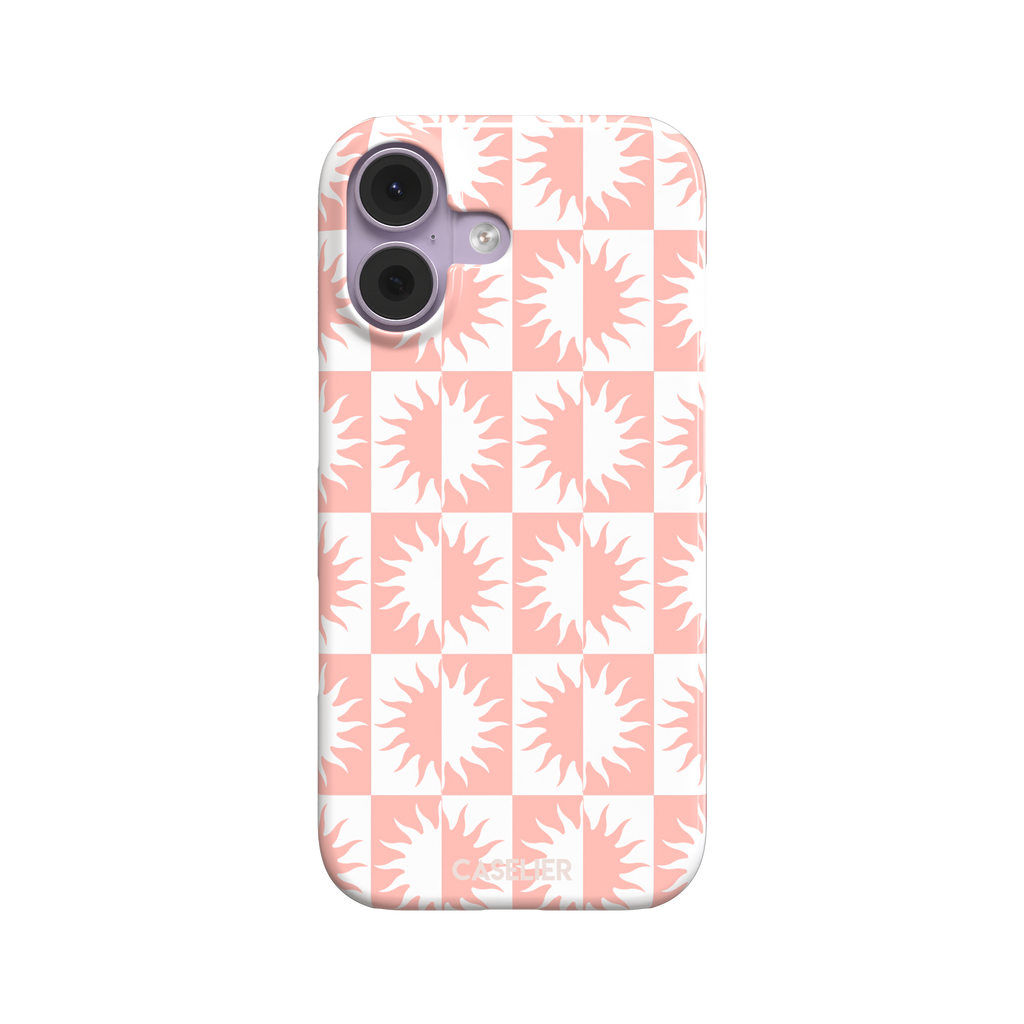 Half-Sun phone case in blush pink and white checkerboard pattern with repeating jagged sun motifs, phone case by Caselier — snap case, front view