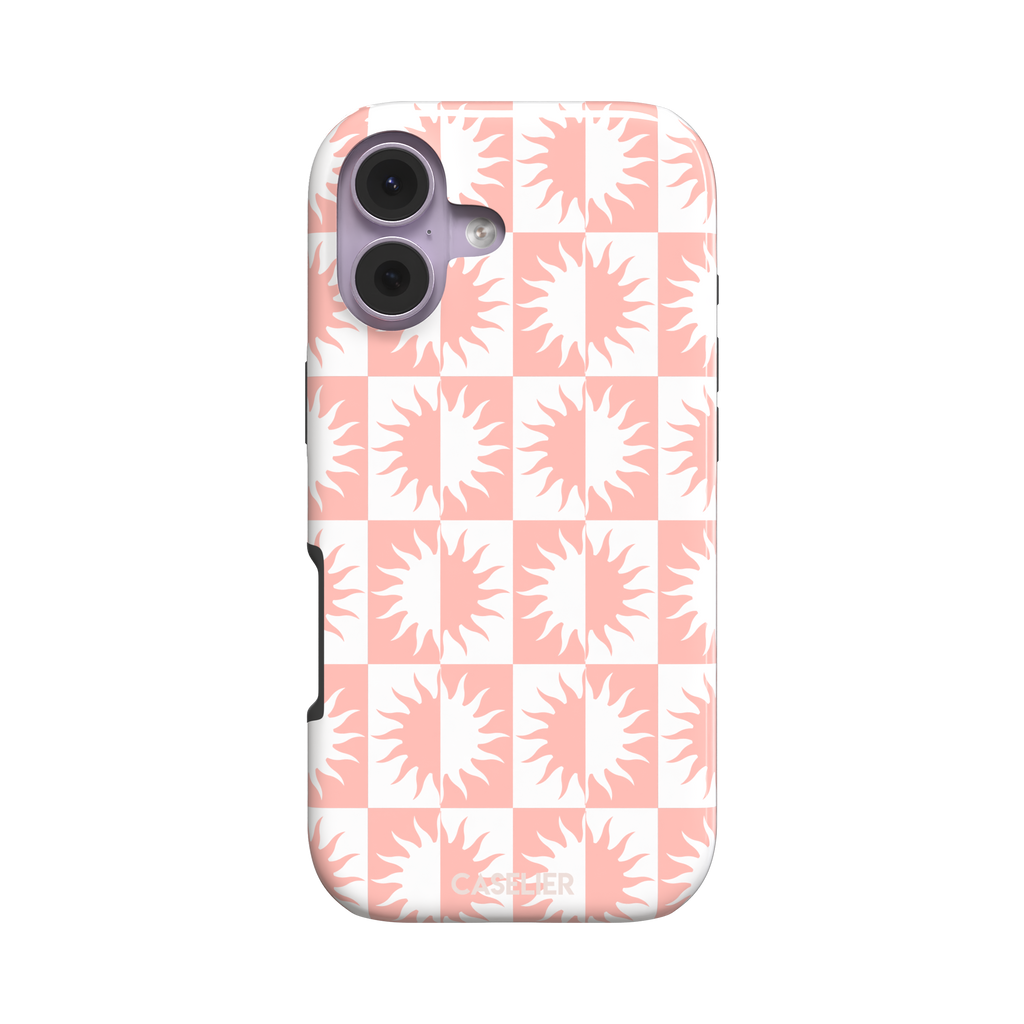 Half-Sun phone case in blush pink and white checkerboard pattern with repeating jagged sun motifs, phone case by Caselier — tough case, front view