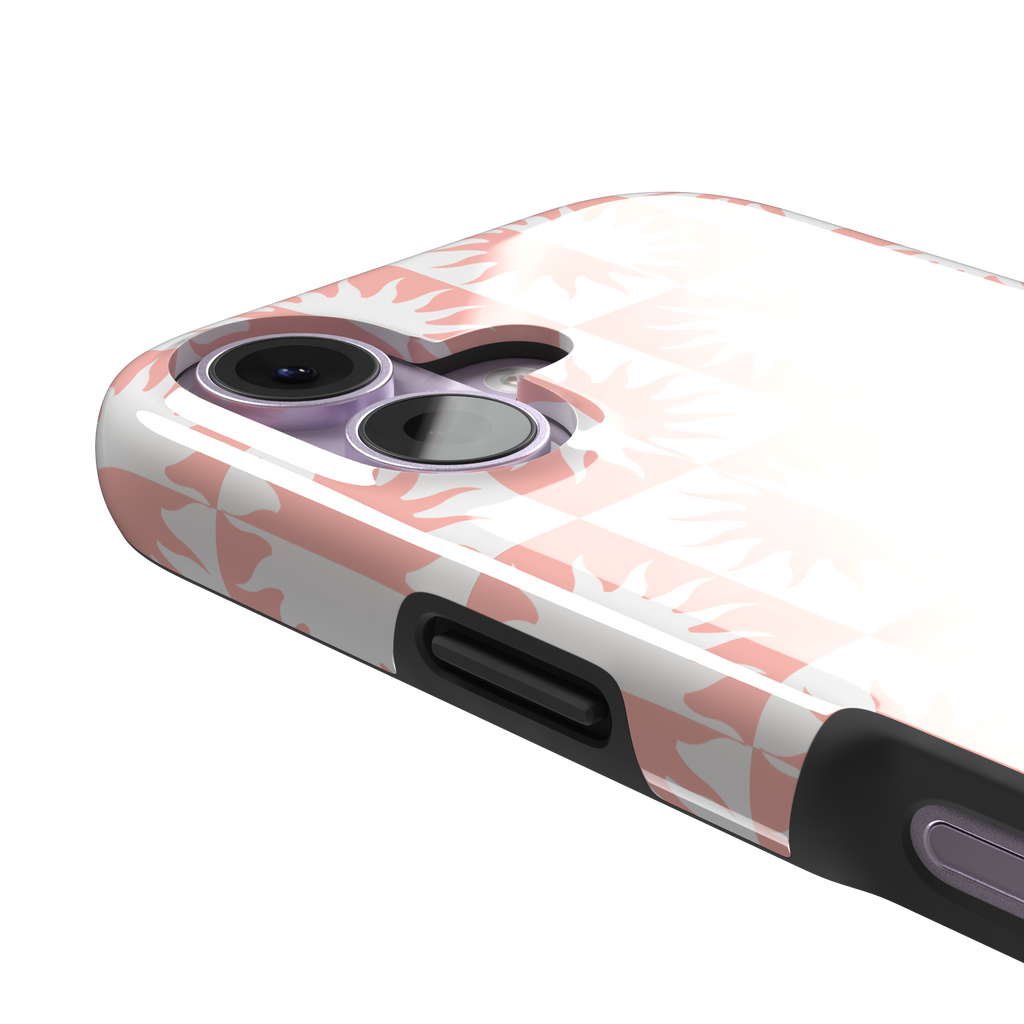 Half-Sun phone case in blush pink and white checkerboard pattern with repeating jagged sun motifs, phone case by Caselier — tough case, volume buttons detail
