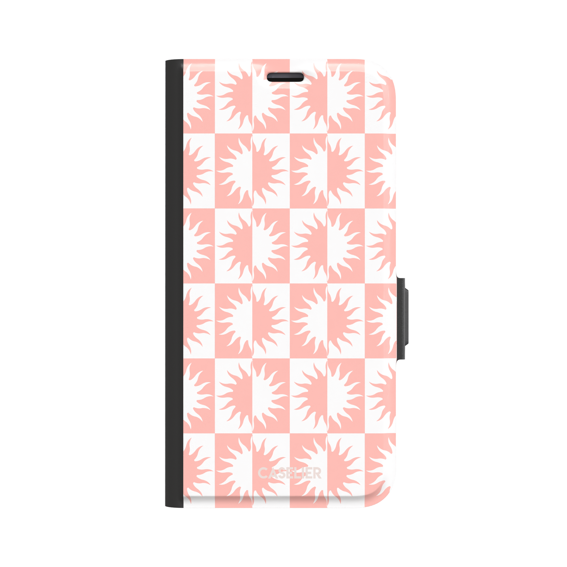 Half-Sun phone case in blush pink and white checkerboard pattern with repeating jagged sun motifs, phone case by Caselier — wallet case, front view