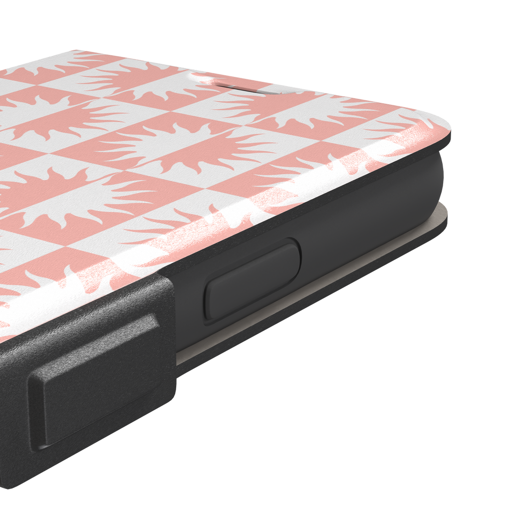 Half-Sun phone case in blush pink and white checkerboard pattern with repeating jagged sun motifs, phone case by Caselier — wallet case, volume buttons detail