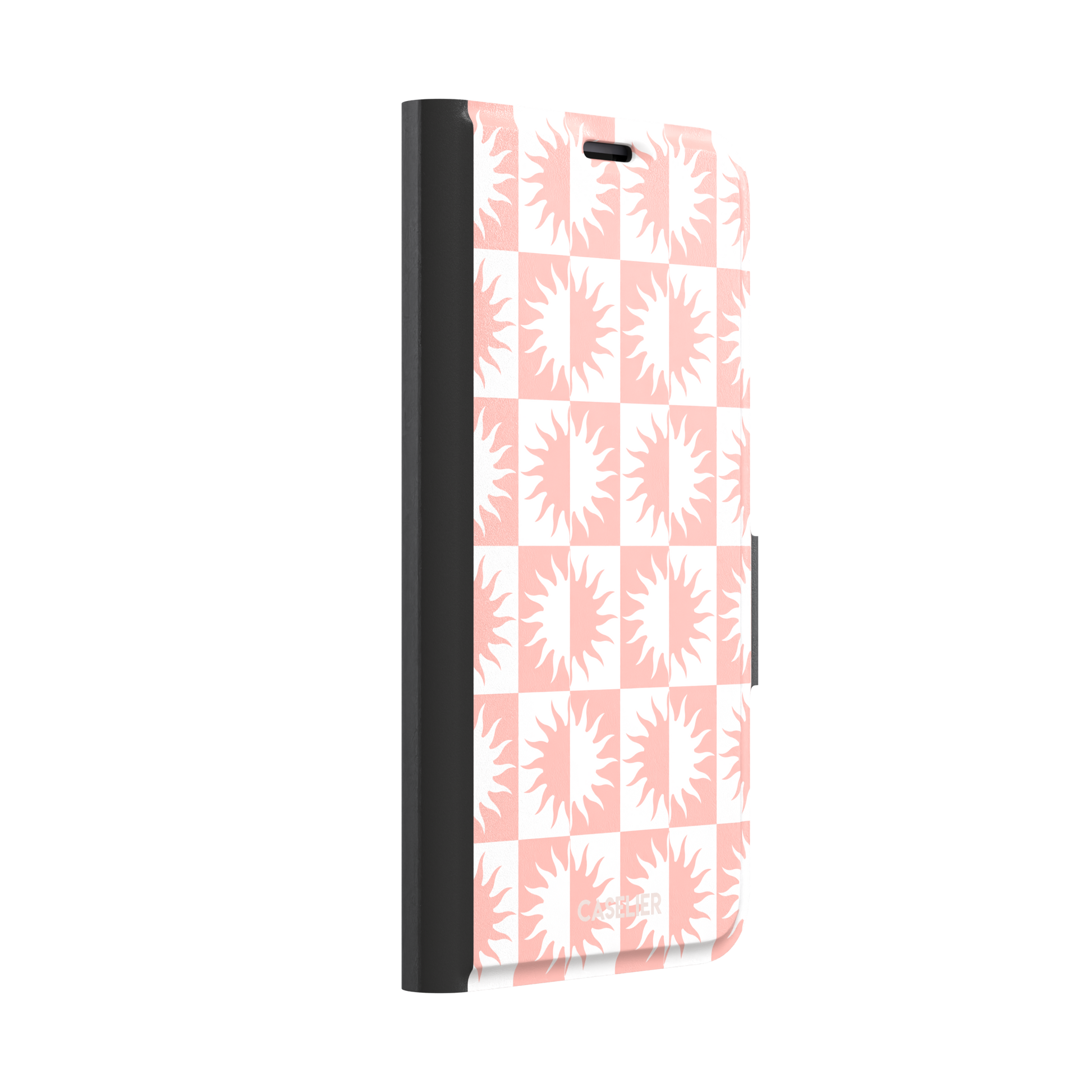 Half-Sun phone case in blush pink and white checkerboard pattern with repeating jagged sun motifs, phone case by Caselier — wallet case, left view