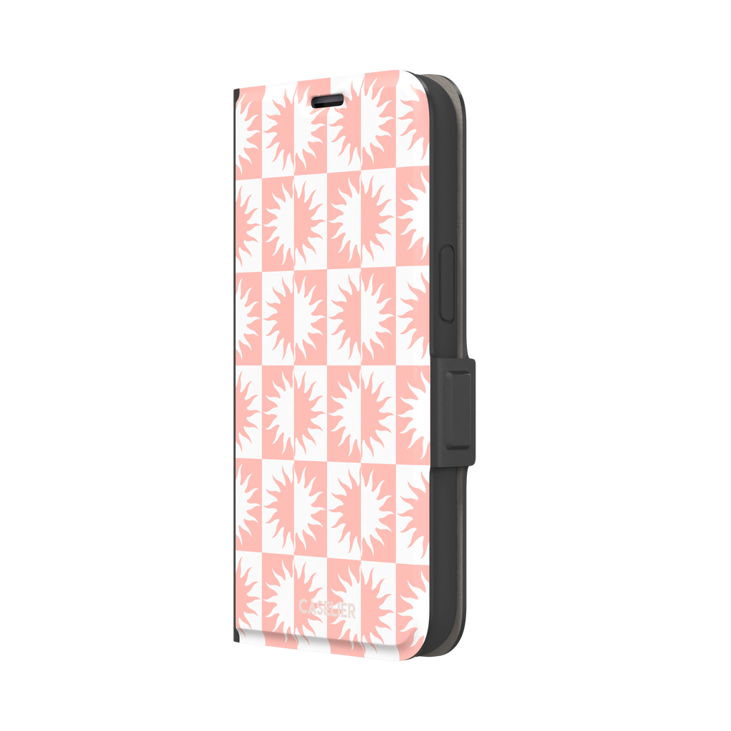 Half-Sun phone case in blush pink and white checkerboard pattern with repeating jagged sun motifs, phone case by Caselier — wallet case, right view