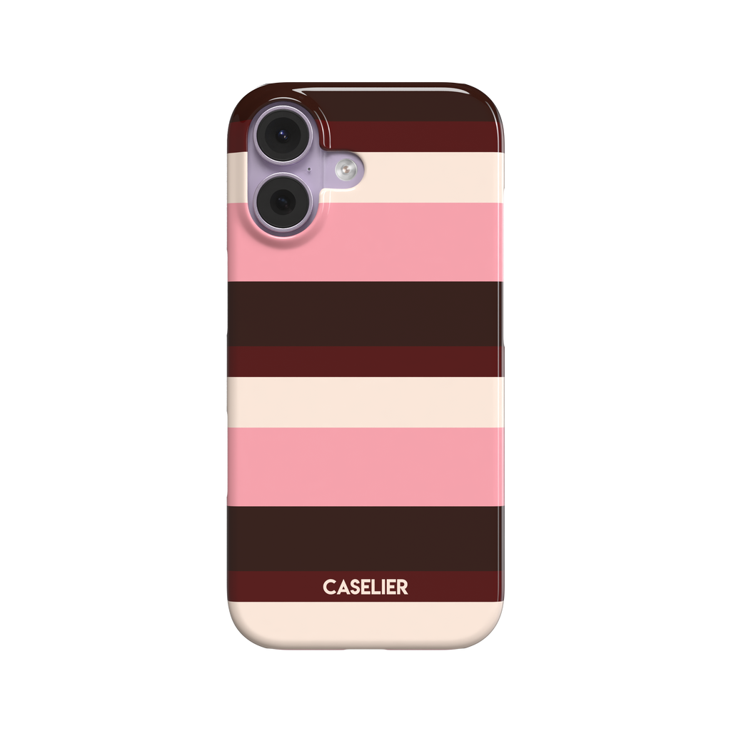 Snap phone case featuring bold horizontal stripes in deep burgundy, dark brown, blush pink, and cream, front view on white background, phone case by Caselier - snap case, front view | Caselier