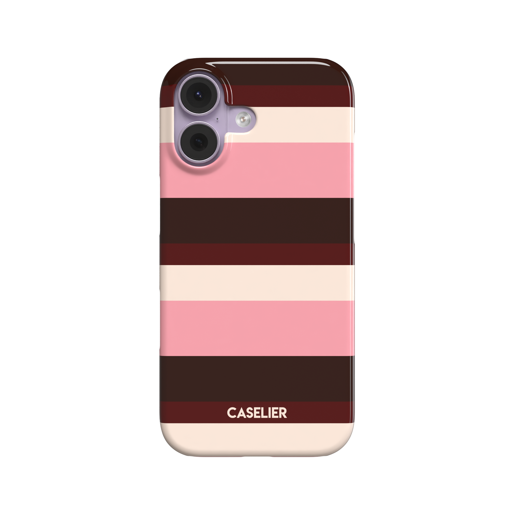 Snap phone case featuring bold horizontal stripes in deep burgundy, dark brown, blush pink, and cream, front view on white background, phone case by Caselier - snap case, front view | Caselier