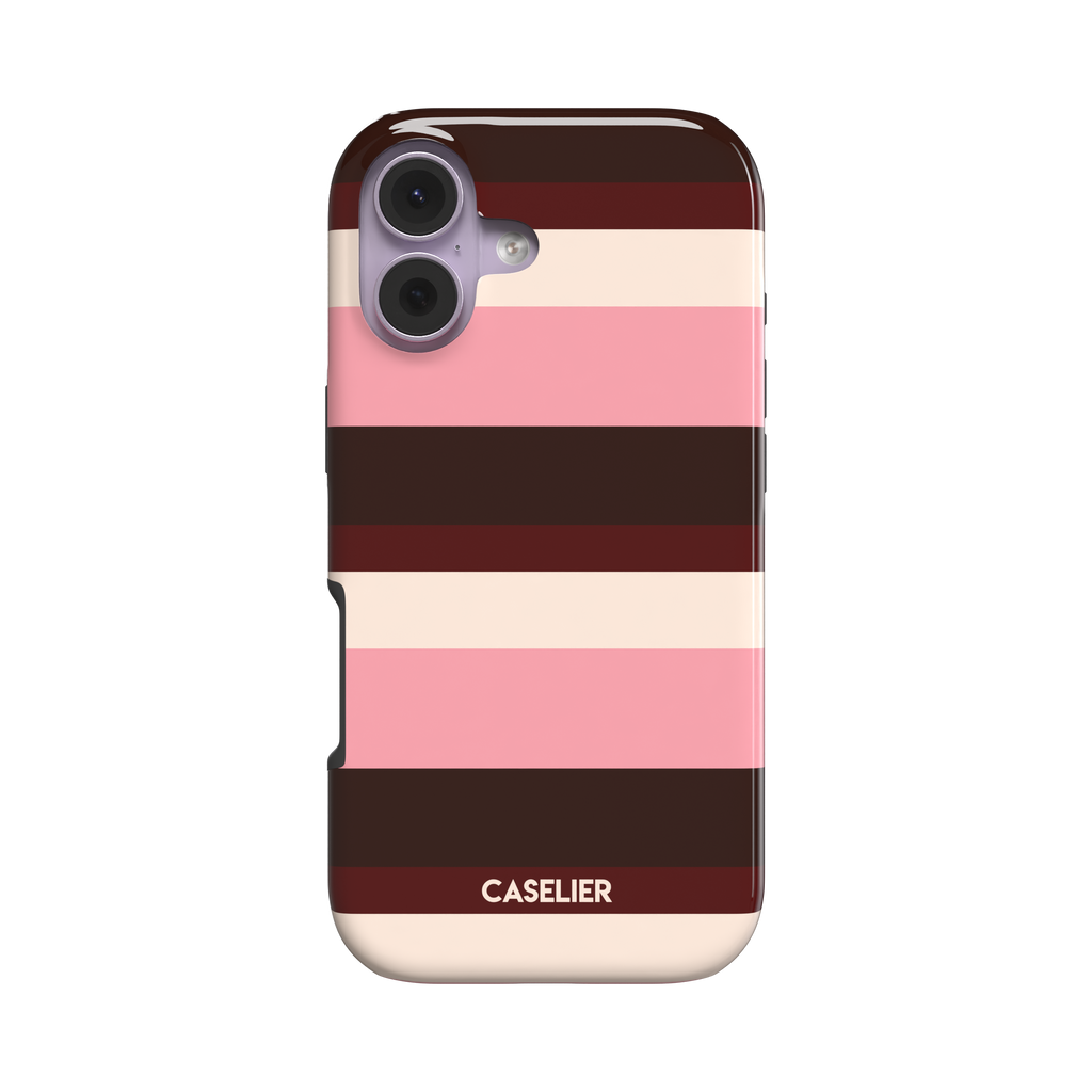 Snap phone case with bold horizontal stripes in deep burgundy, dark brown, blush pink, and cream, slight three-quarter angle showing side profile, white background, phone case by Caselier - tough case, front view | Caselier