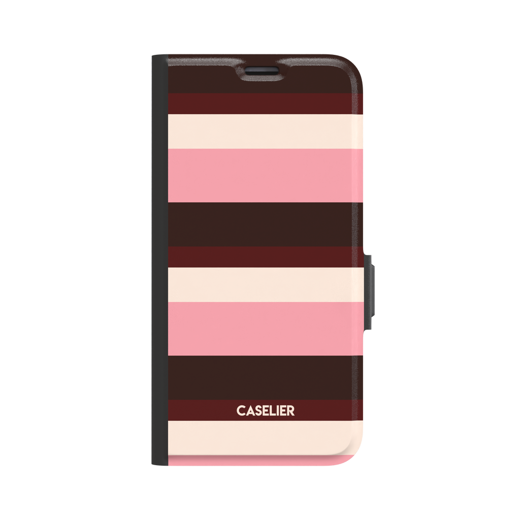 Folio wallet phone case showing bold horizontal stripes in deep burgundy, dark brown, blush pink, and cream on the front cover, black binding and clasp, white background, phone case by Caselier - wallet case, front view | Caselier