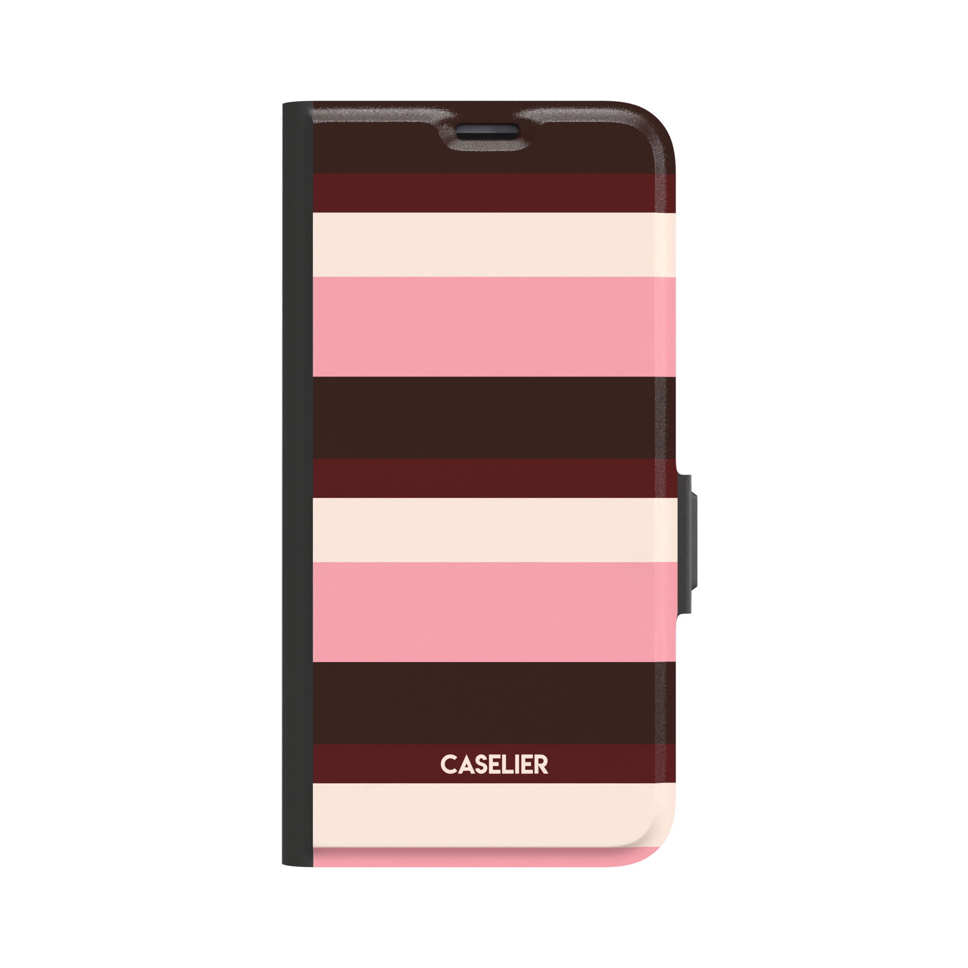 Folio wallet phone case showing bold horizontal stripes in deep burgundy, dark brown, blush pink, and cream on the front cover, black binding and clasp, white background, phone case by Caselier - wallet case, front view | Caselier